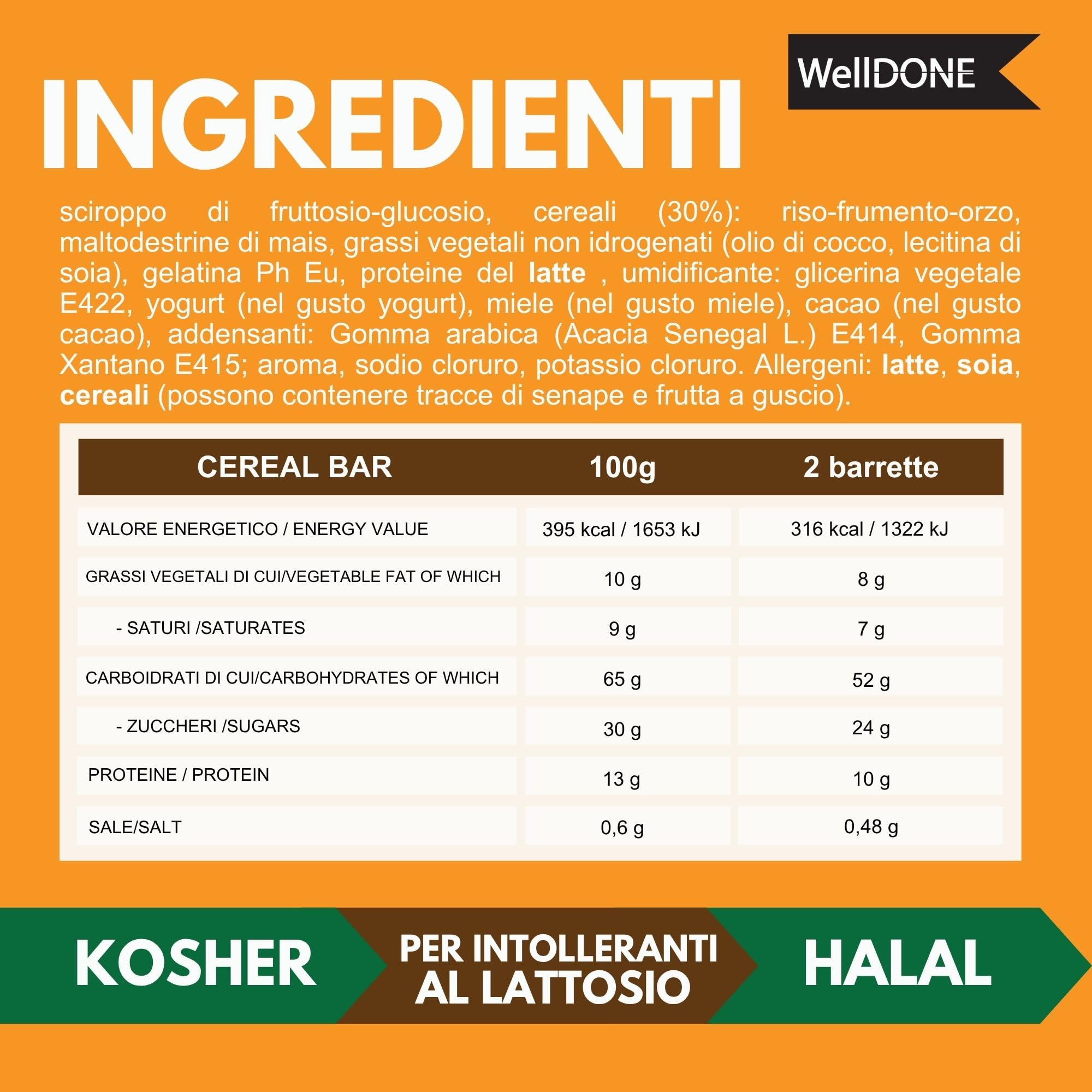 WellDONE, Cereal Crunch Bar Gusto Miele, Barrette Energetiche Made in Italy, Alto Contenuto di Carboidrati, Snack Goloso Anche per Intolleranti al Lattosio, 30 Barrette da 40g