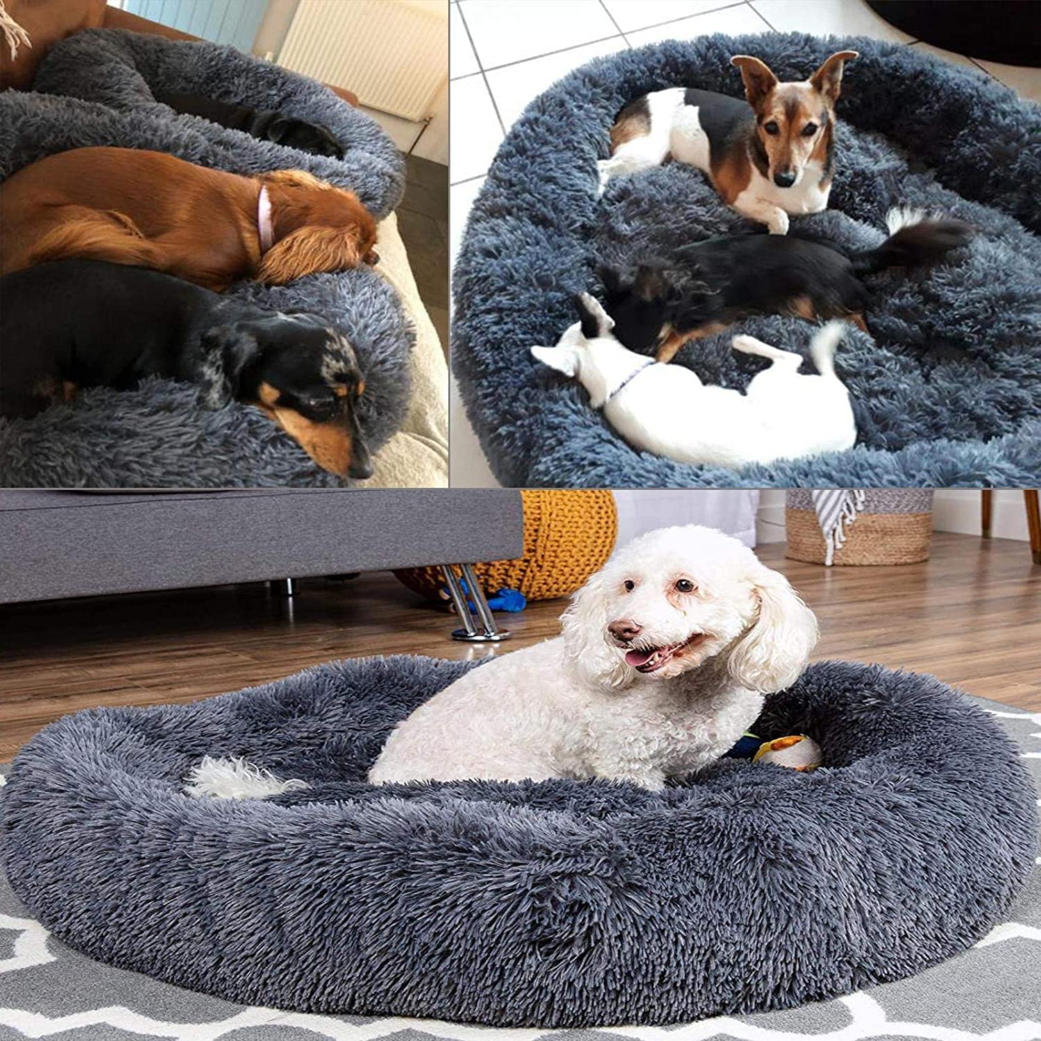 Cesta para perros esponjosa antiestrés, lavable y extraíble, suave y redonda, cestas y muebles cómodos para perros y gatos (L-80 cm), color gris oscuro
