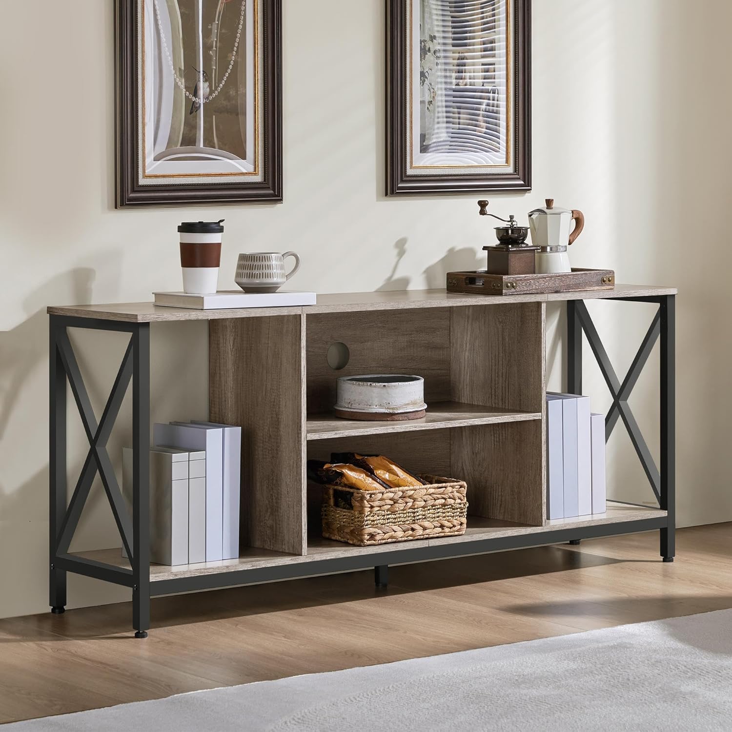 Topeakmart TV Stand for TV up to 60+ inch TV with Storage, 55" TV Cabinet with Open Shelves & Cable Cutouts, Industrial Entertainment Center for Living Room Gaming Room, Gray