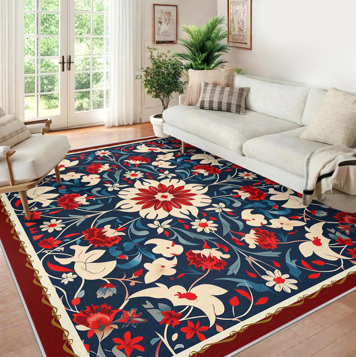 Tapis rétro de Salon Tapis Grands Doux lavables Fleurs Style bohème intérieur résistant Taches Moquette pour Chambre sous Table Cuisine décoration Bureau 180x240cm