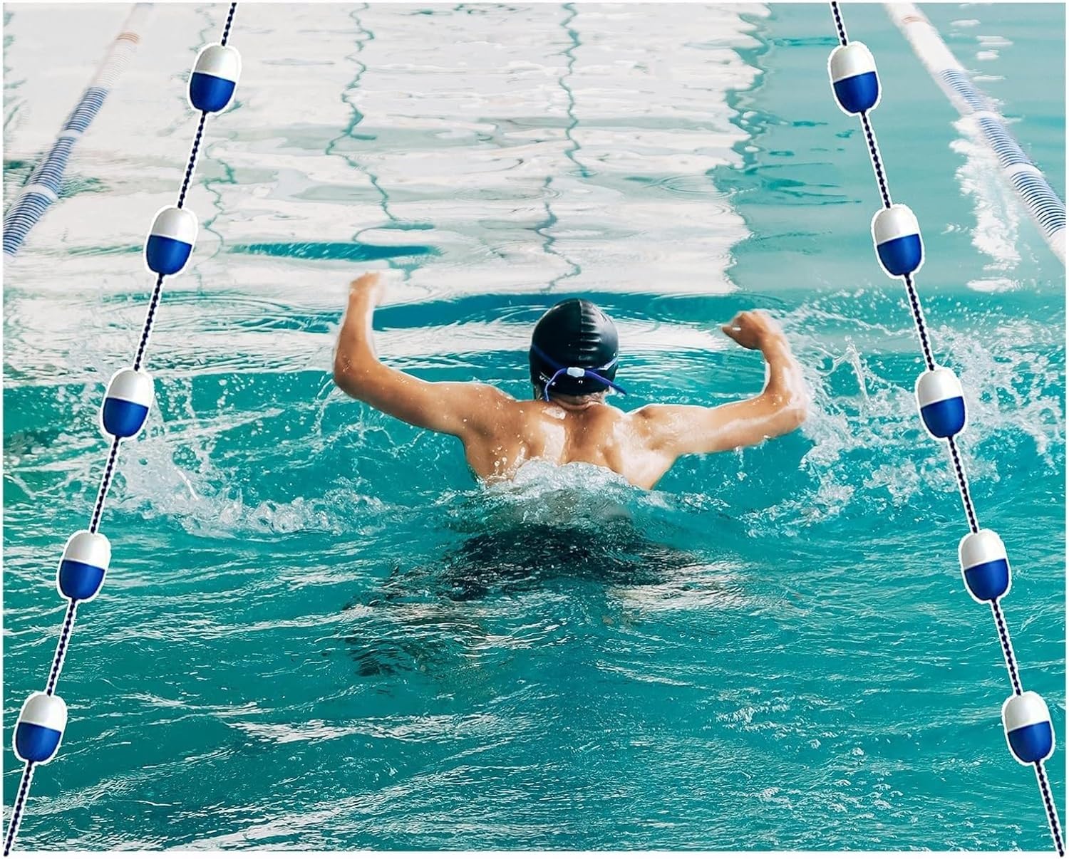 Swimming Pool Safety Rope, Blue and White Divider Rope Floating Cordon Line for Shallow Beaches, Easy-to-Assemble Safety Barrier, Portable Lane Line for Swimming s with Buoy Hook(21m/69ft L