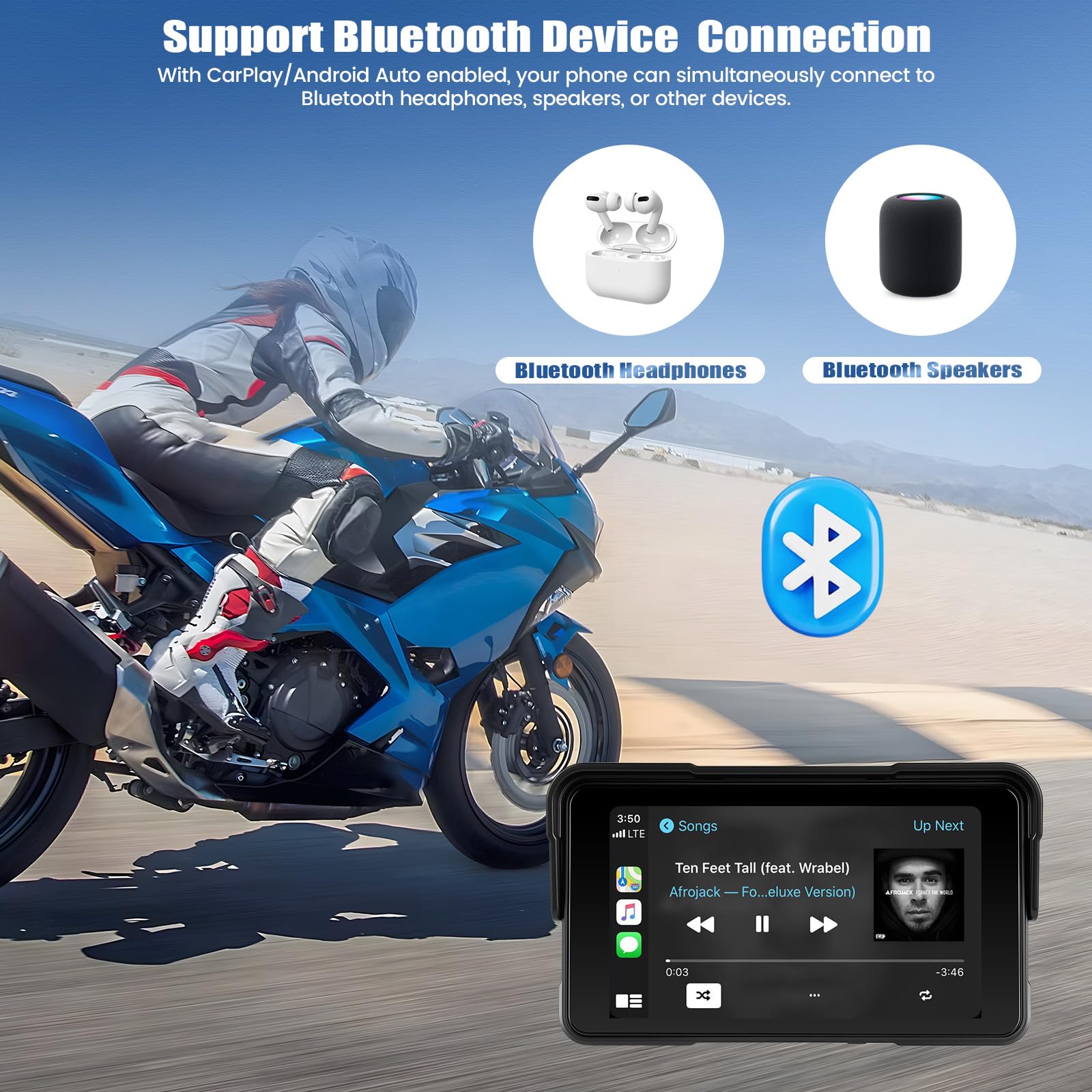SIXWIN Motorrad Carplay Bildschirm für Moto mit Wireless Carplay Android Auto, 5 Zoll HD Touchscreen Tragbare Autoradio IP68 Wasserdicht Motorcycle GPS-Navigation Dual-Bluetooth Siri/GOO-gle