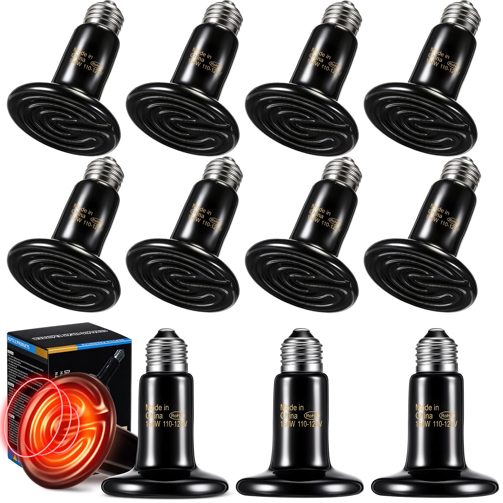 12 Pack 150W Ceramic Heat Emitter for Reptiles, No Light
