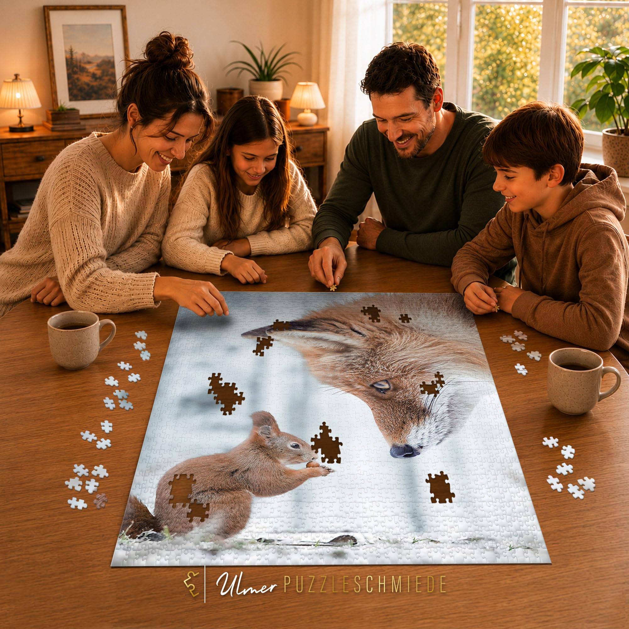 Ulmer Puzzleschmiede - Puzzle «travailleur et Intelligent » - Puzzle Animal astucieux de 2000 pièces - Écureuil et Renard dans la forêt d'hiver - Animaux étonnamment mis en scène