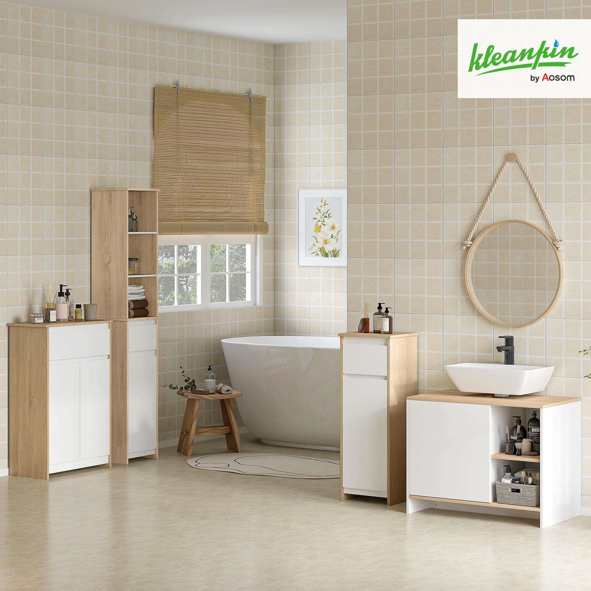 kleankin Armario Auxiliar de Baño con 1 Cajón y 1 Puerta Mueble Auxiliar de Baño para Salón Aseo Dormitorio Estilo Moderno Antivuelco 32,6x30x90 cm Blanco y Natural
