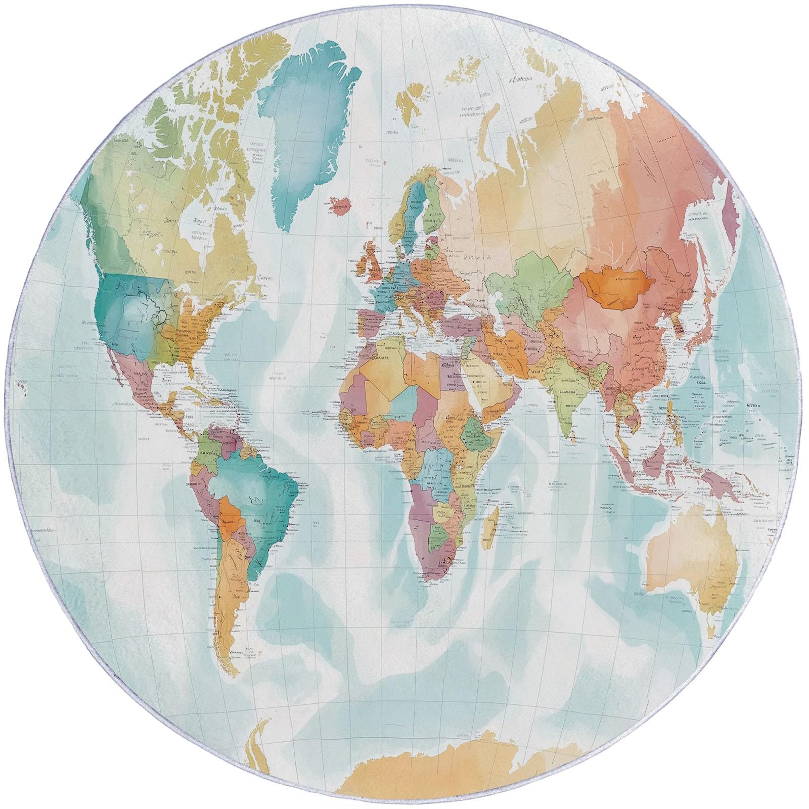 Tappeto Rotondo Salotto, Morbido Mappa Del Mondo Ad Acquerello Tappetini Antiscivolo lavabile in lavatrice, Tappeto per Bambini Cameretta Cucina Casa Zona Balcone Tappet Tavolino 160 cm, Bianco