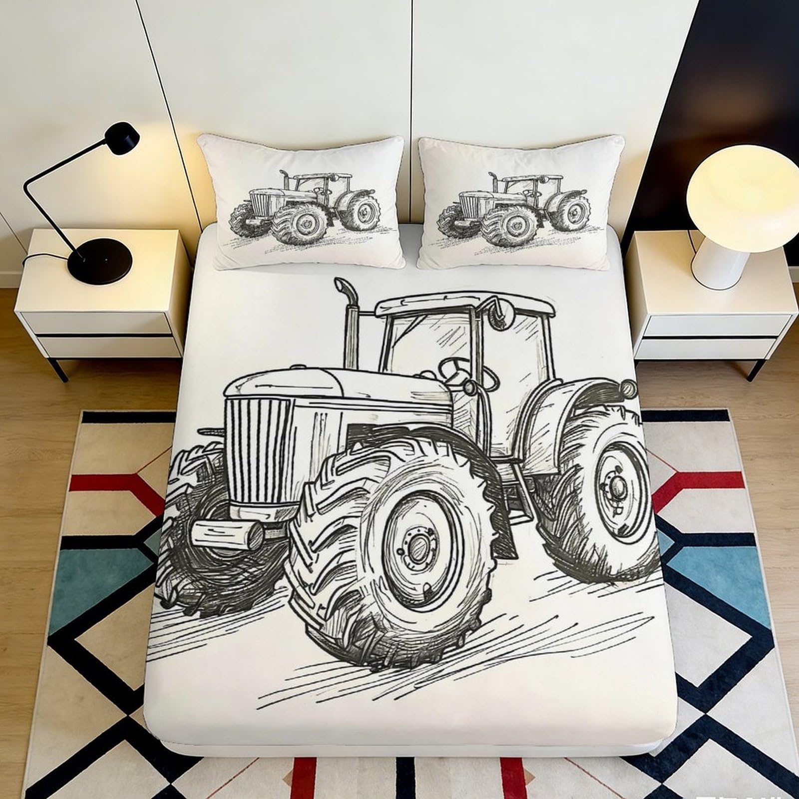 3D Printed Tractor Sketch Fitted Sheet Microfiber Non-Slip Farm Machinery Bed Cover for Bedroom Dorm Mattress Protection 160x200x25cm