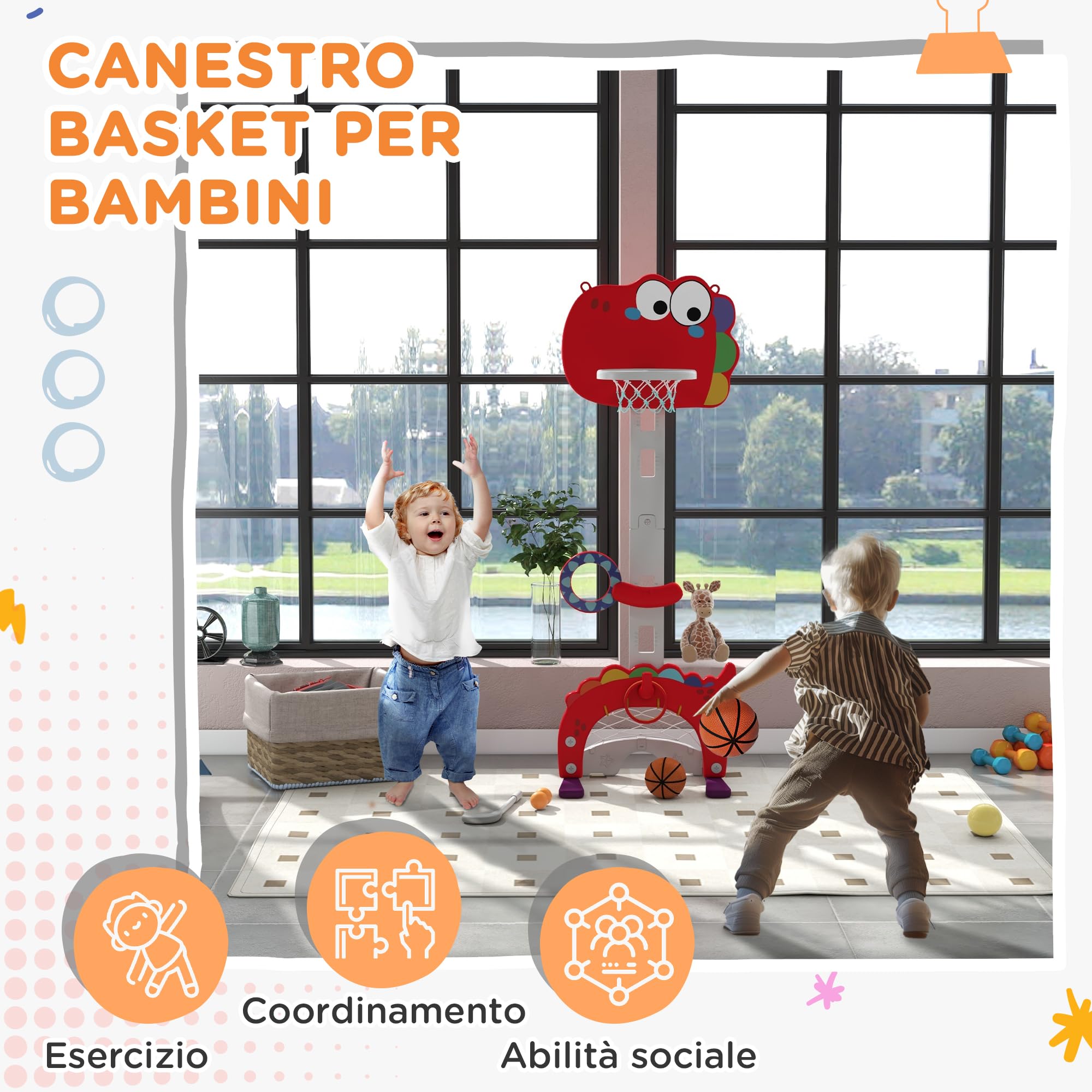 AIYAPLAY Canestro Basket per Bambini 5 in 1 con Altezza Regolabile, Porta da Calcio e Golf, Gioco per Bambini da 3-6 Anni, Rosso