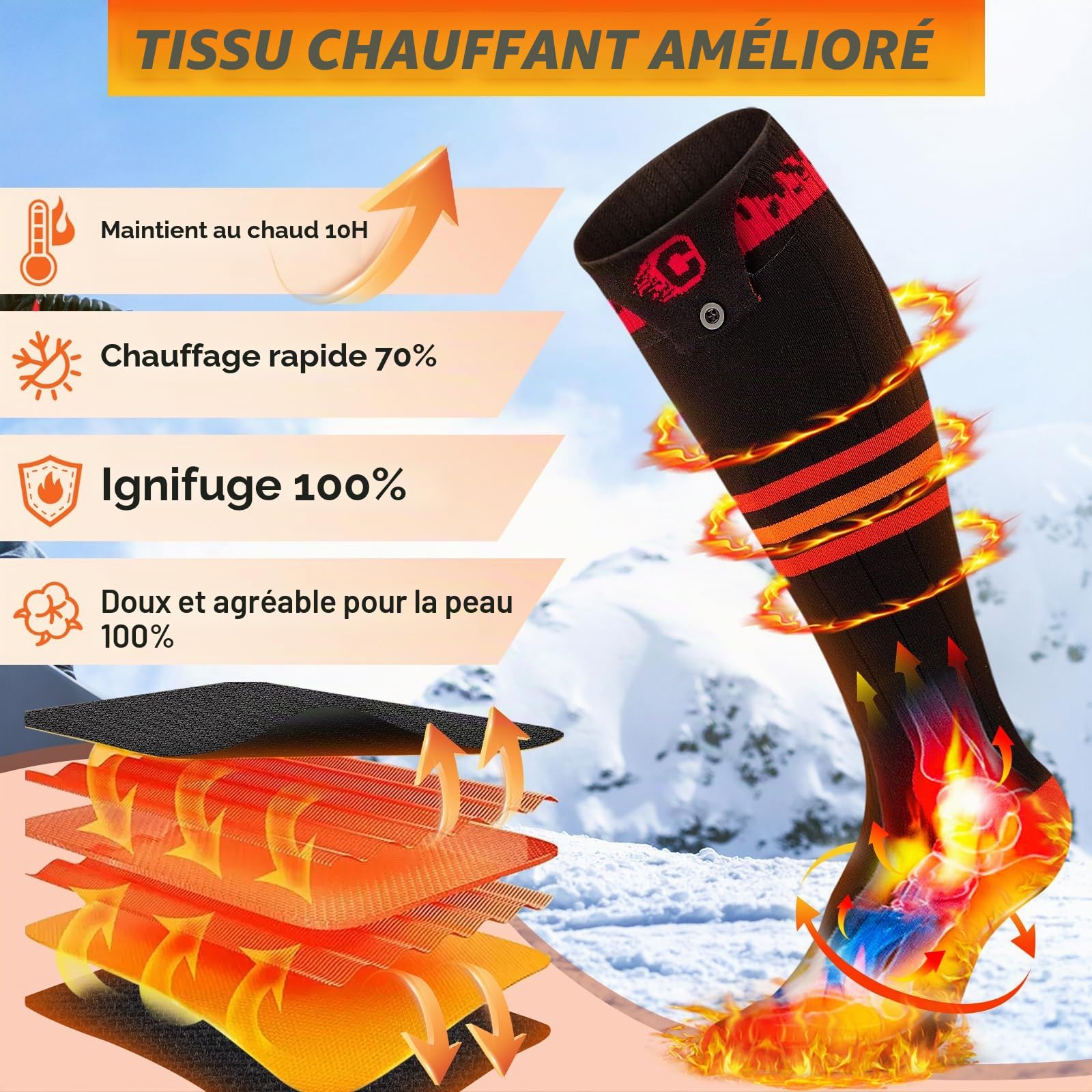 COZII Chaussettes Chauffantes, 5V 5000mAh Chaussette Chauffante Homme Femme USB Rechargeables, 3 Niveaux Chauffage Chaussettes d'hiver pour Sports Ski Cyclisme Moto Camping (Rayures)