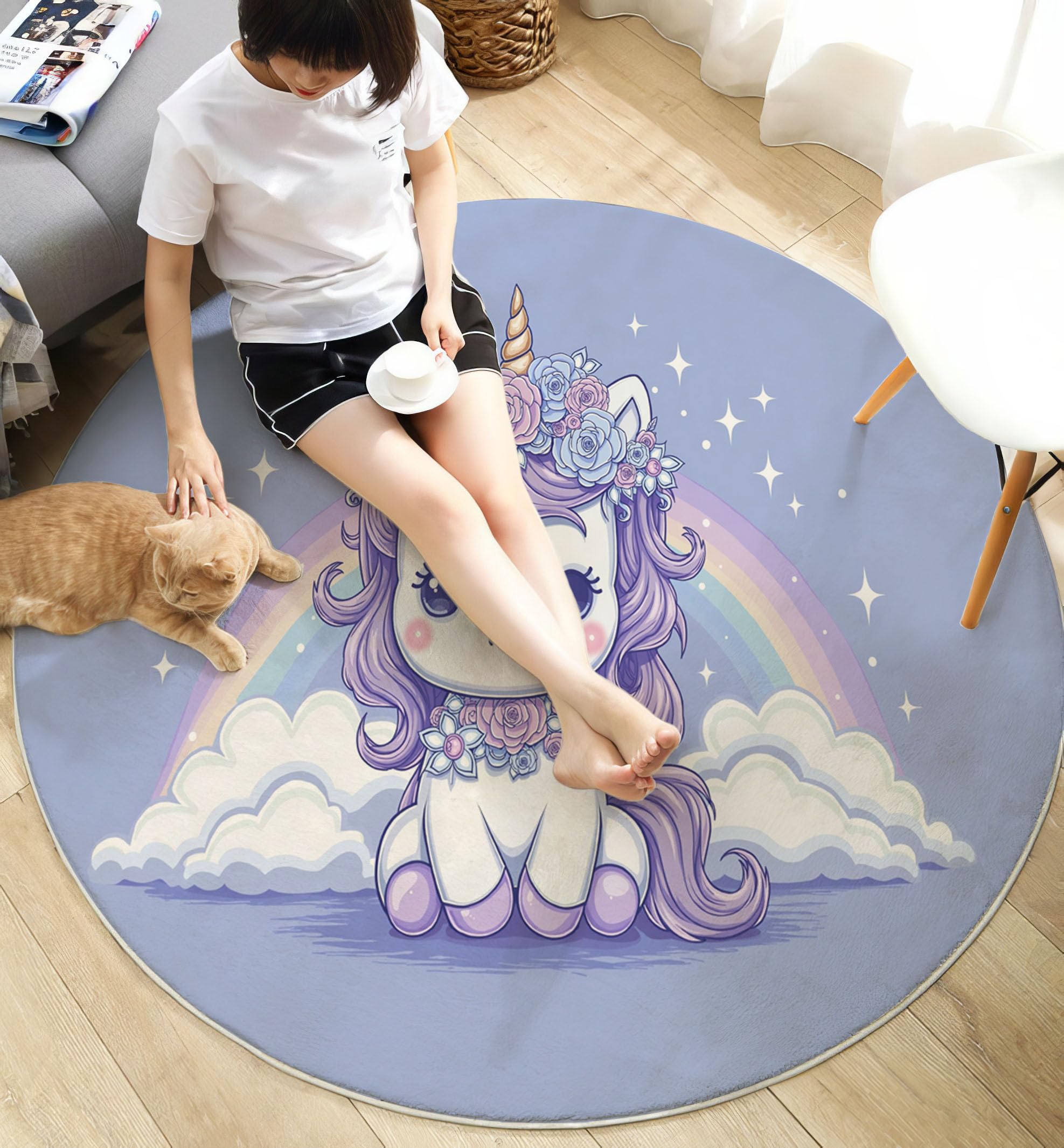 Alfombra Salon Redonda Cuento Hadas Ensueño 160cm - Tapetes de Pelo Corto Suave Arcoíris Caballo Blanco Alfombras de área Antideslizantes y Lavables para Dormitorio y Comedor, Morado Claro