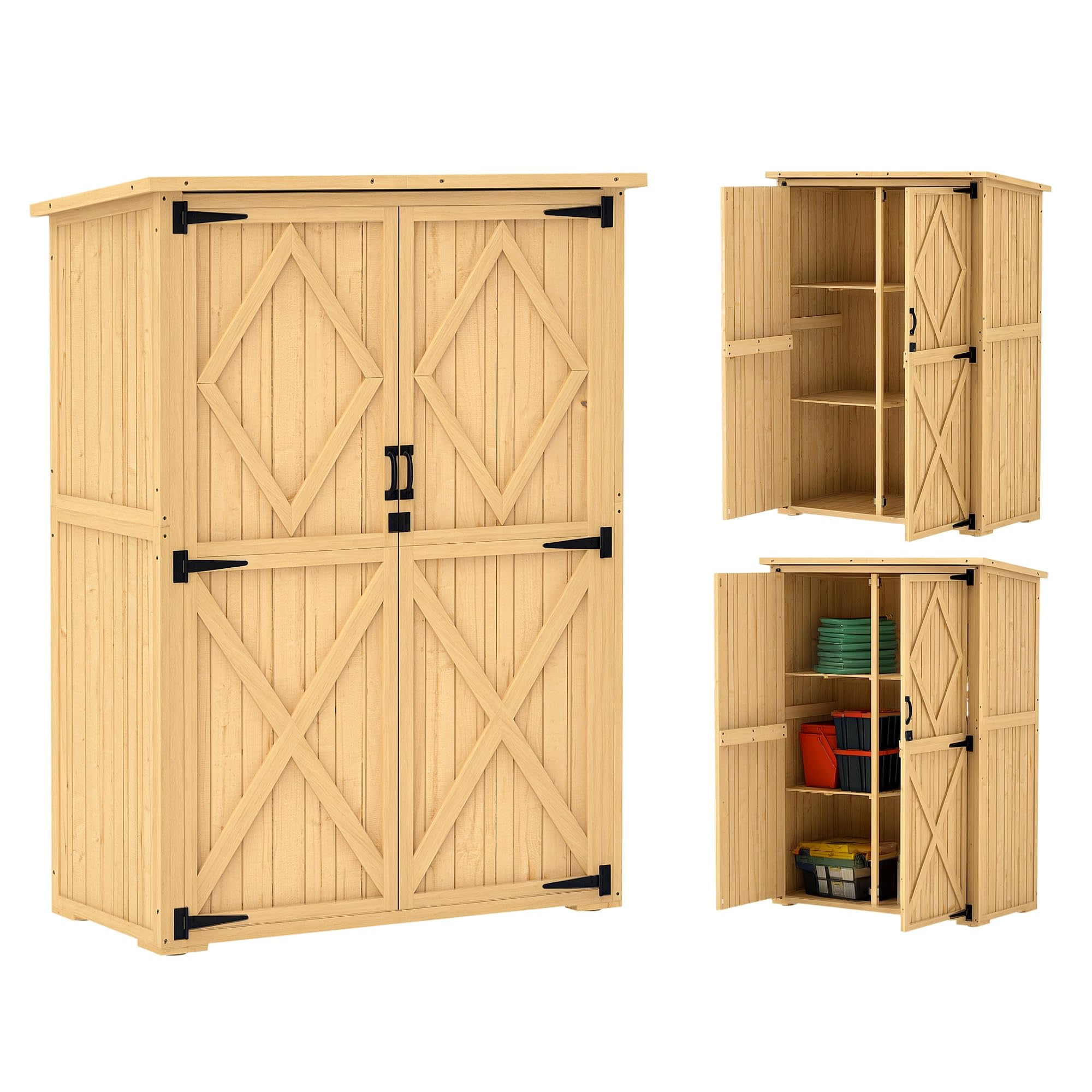Outsunny Gartenschrank Holz Abschließbar 116,5x57x167cm Naturholz | Geräteschuppen mit Ablage, Doppeltür, Asphalt-Dach, Wetterfest, Geräteschrank, Gerätehaus Gartenschuppen, Für Garten Terrasse