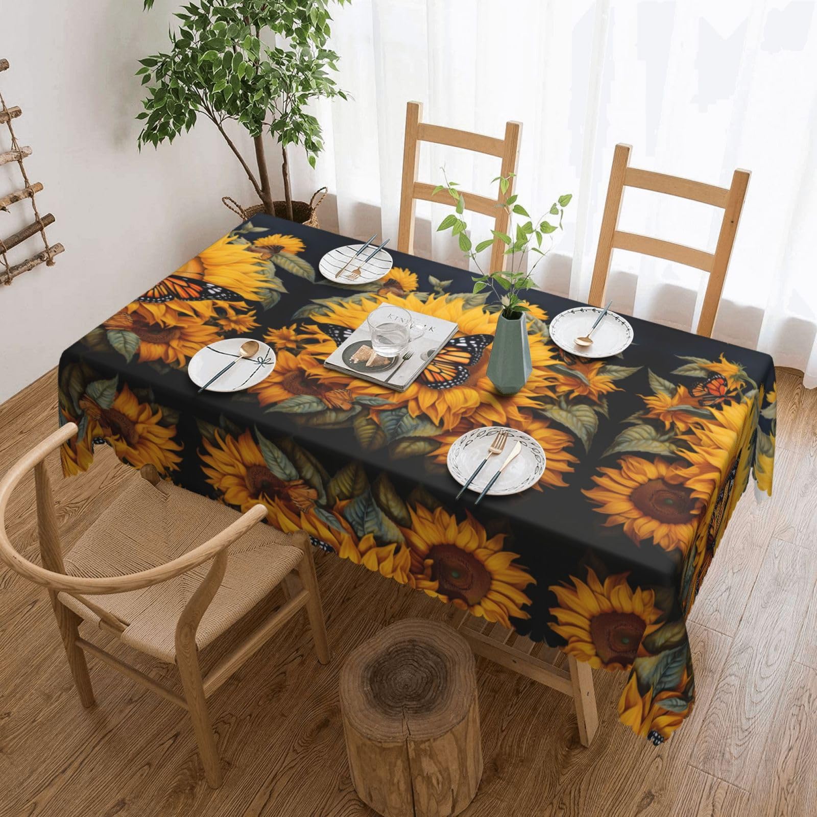 HLBSDM Sunflower Butterfly Print Rectangle Washable Tablecloth Decorative Table Cover for Dining Table Buffet Parties