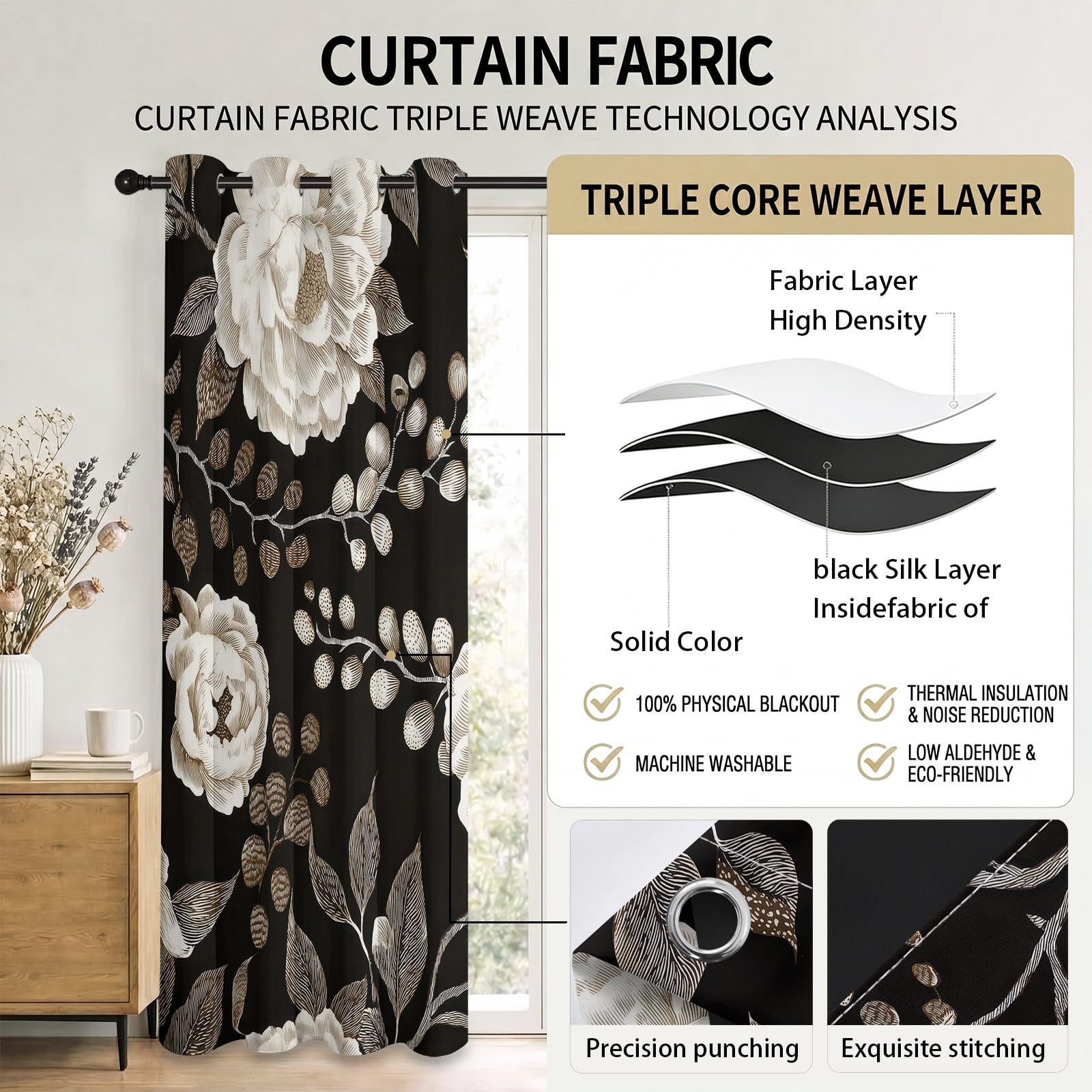 Rideau occultant à Motif de Pivoine Botanique Victorienne, Plante Rideaux œillets Isolation Thermique Traitements fenêtre à œillets pour Chambre À Coucher, 140L X 260H cm (2 Panneaux), Noir