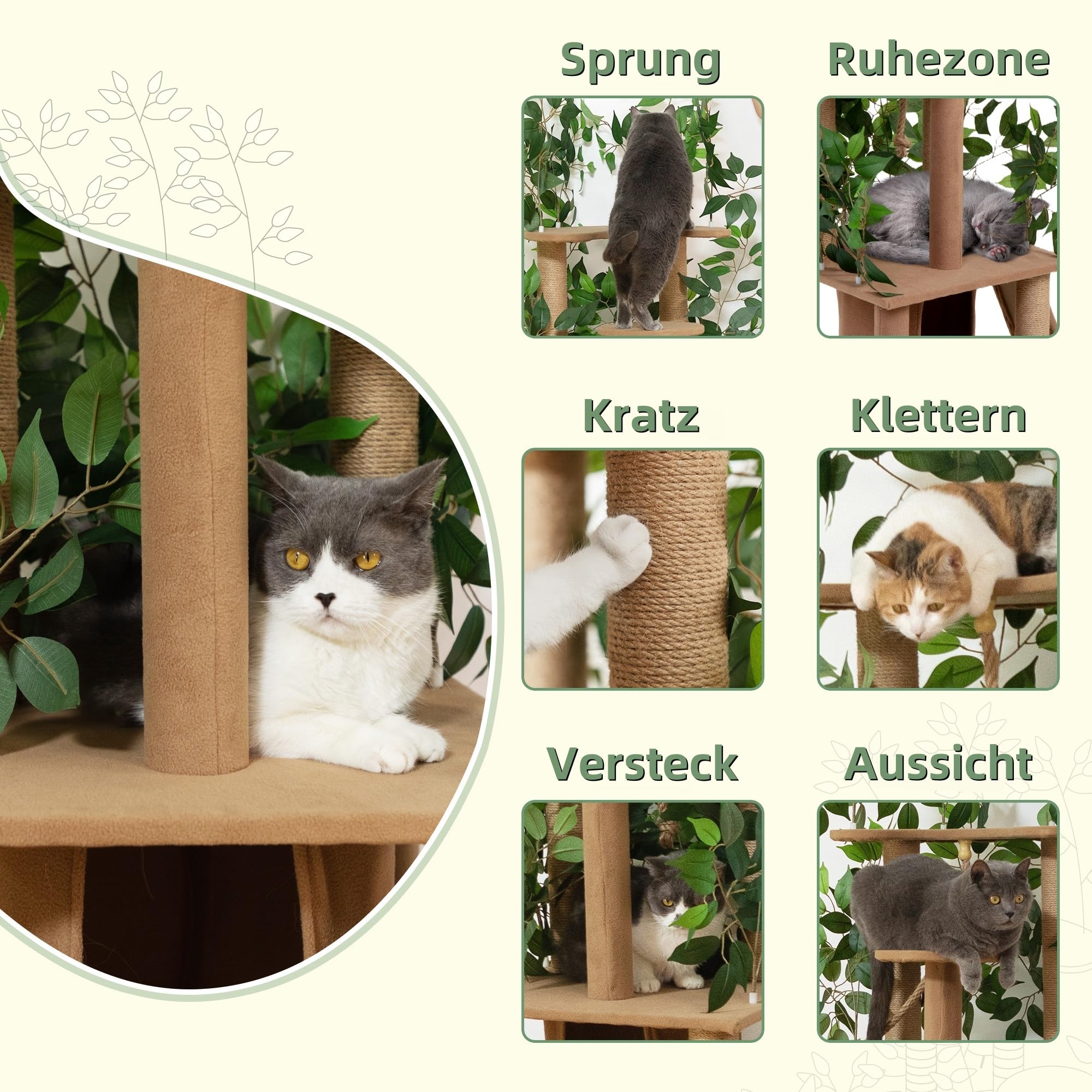 Ultra-haut arbre à chat à 5 niveaux (195 cm) - arbre à gratter en bois naturel avec plantes vertes artificielles, polyvalent pour le plaisir naturel de grimper