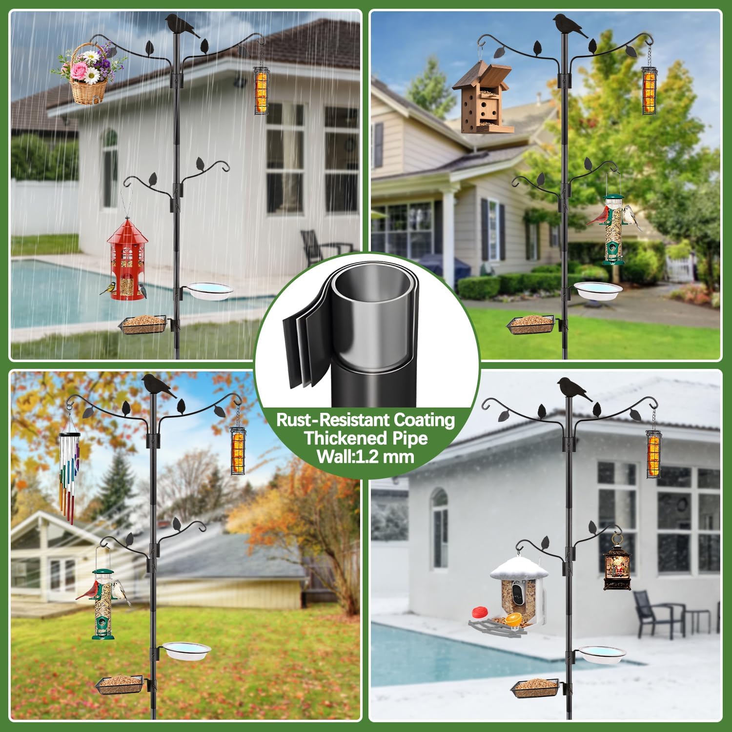 Camii 4Hook Shepherd Hooks for Outdoor, 75" Heavy Duty Bird Feeder Pole with 5 Prongs Base, Adjustable Garden Hook for Hanging Plant, Hummingbird Feeder, Lantern, Solar Light, Garden Hook for Outside