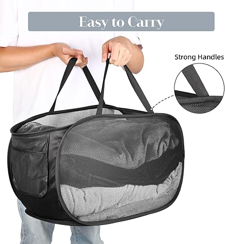 Miniatura 5 de Cestas de lavandería plegables duraderas, cesta de lavandería desplegable de malla con bolsillo lateral, cesta de ropa plegable con asas de