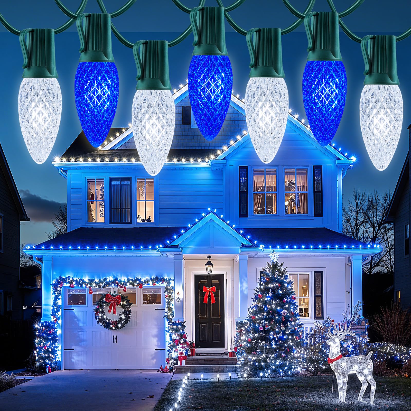 Minetom C9 Christmas Lights Outdoor, 100FT Blue Pure White String