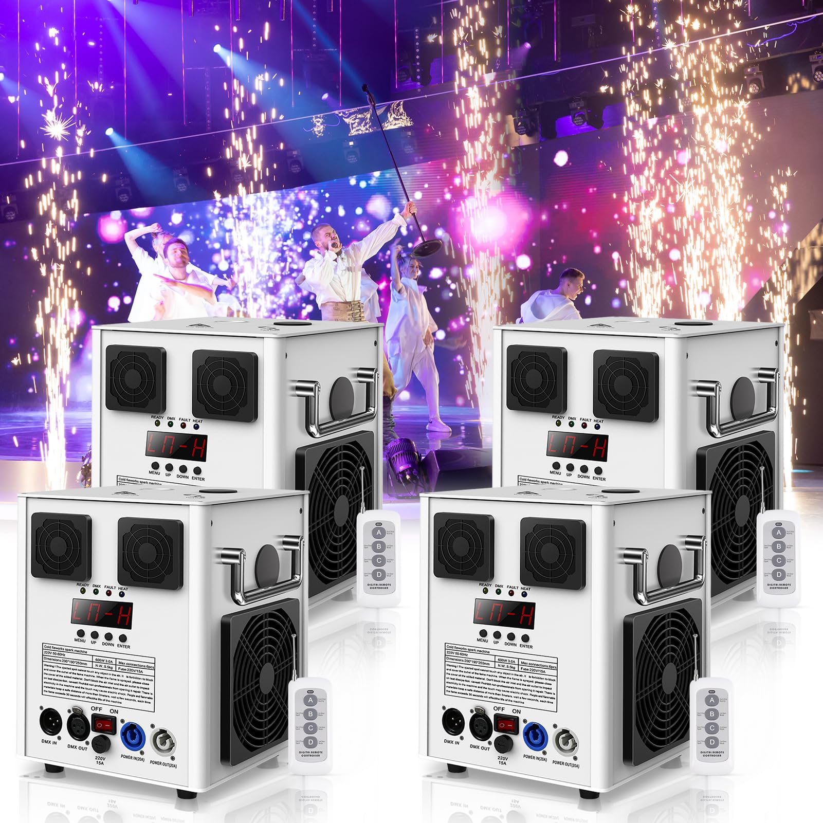600W Pyrotechnikmaschinen, DMX512 Feuerwerk Cold Spark Machine mit Fernsteuerung Funkenmaschine mit LCD Anzeige DJ Bühnenausstattung für Hochzeit Bühne Band Konzert (Weiß-4 Stück)