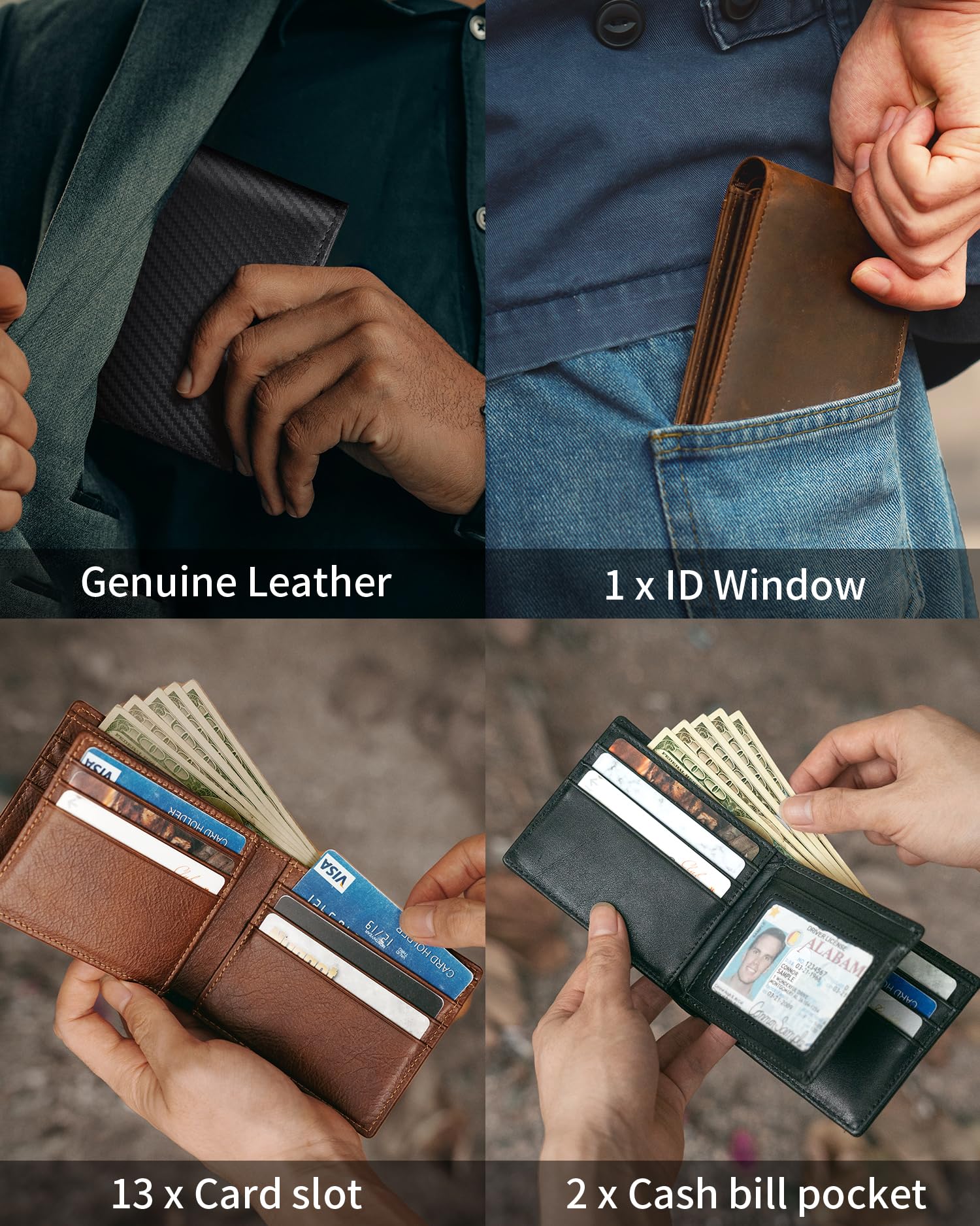 Mens Wallet Genuine Leather Bifold RFID Blocking Wallet for Men with 1 ID Window 13 Card Holders 2 cash pockets 1 Gift Box