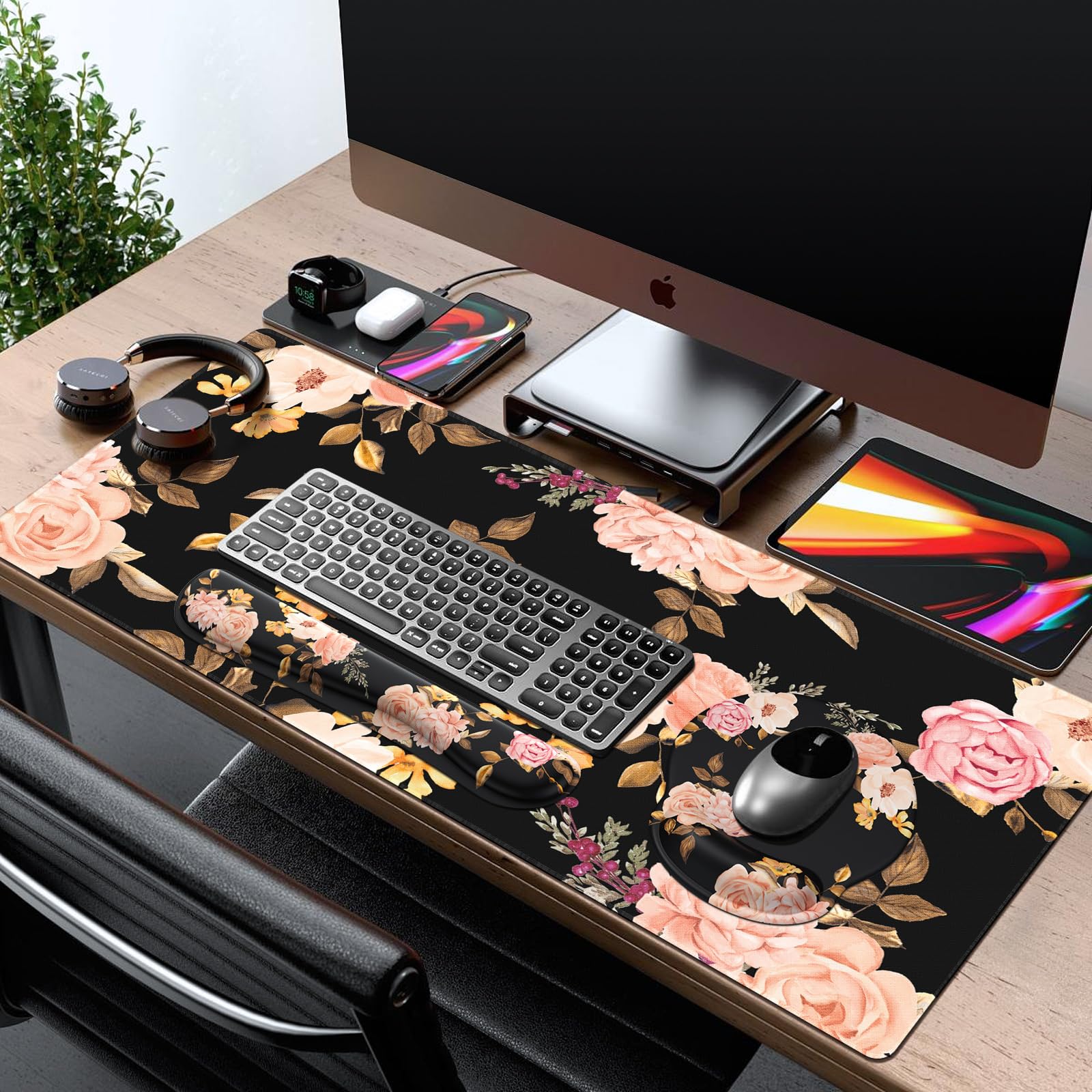 iCasso Schreibtischunterlage, Gaming-Mauspad, Handgelenkstütze, 4-in-1, XXL, großes Mauspad + Tastatur-Handgelenkauflage, Tisch, Computer