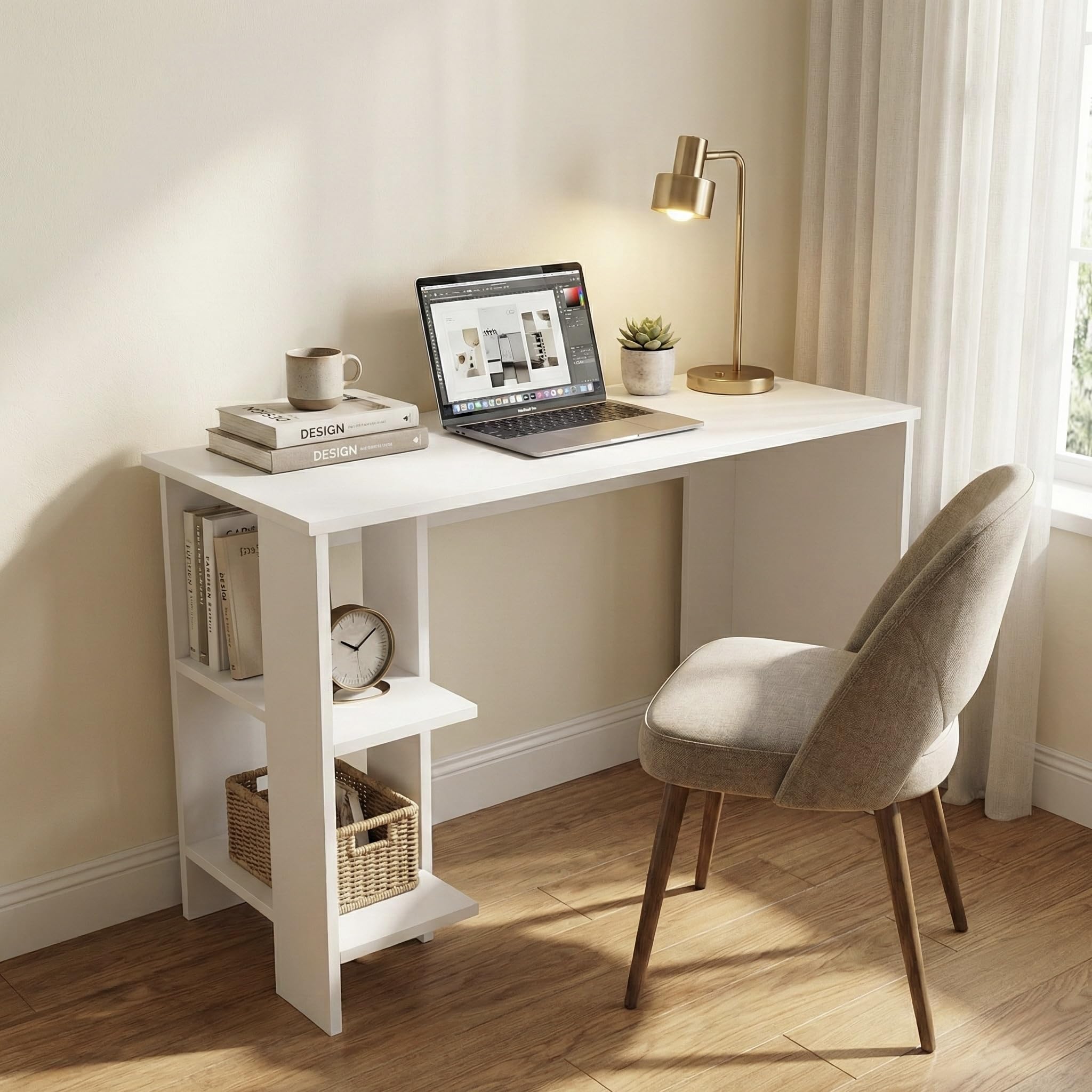 Breeze Minimalist Study Table with 2-Tier Side Shelves, Modern White Computer Desk for Home Office & Students, 100x50x77cm (Arctic White)-picture-33