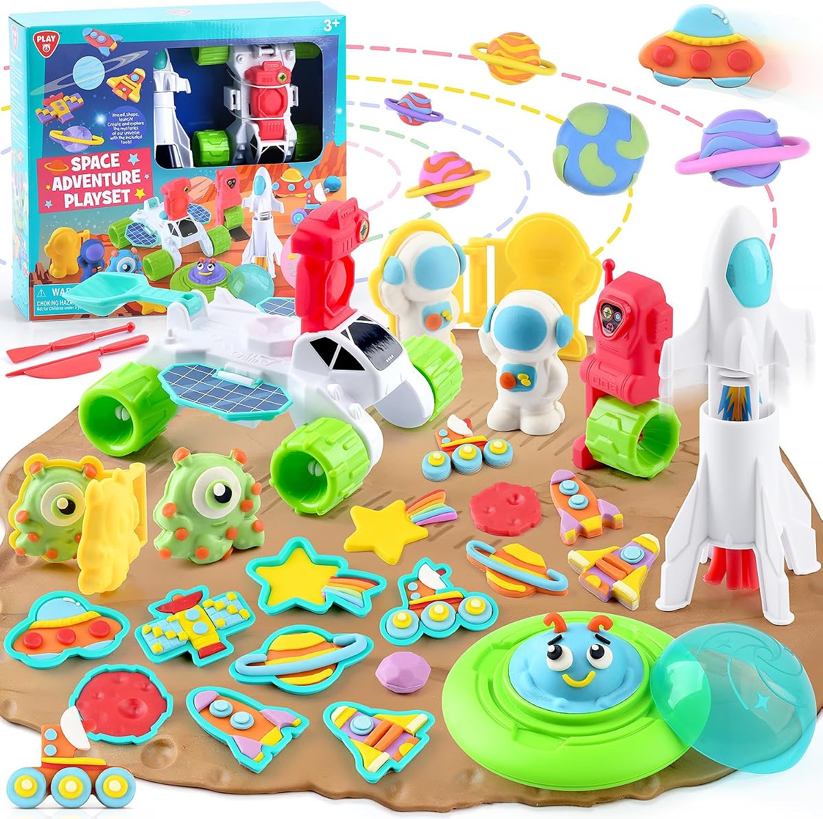 PLAY Juegos de masa de colores para niños, juego de herramientas de masa sensorial con tema de planetas espaciales para niños de 4 a 8 años con 20 piezas de accesorios, kit sensorial de astronauta, robot y alienígena, juguetes de regalo para niños y niñas