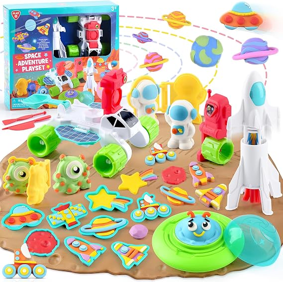 PLAY Color Dough Sets for Kids, Space Planets Theme Sensory Dough Tool Set for Kids Ages 4-8 with 20 Pcs Accessories Astronaut, Robot and Alien Space Sensory Kit, Gift Toys for Boys Girls