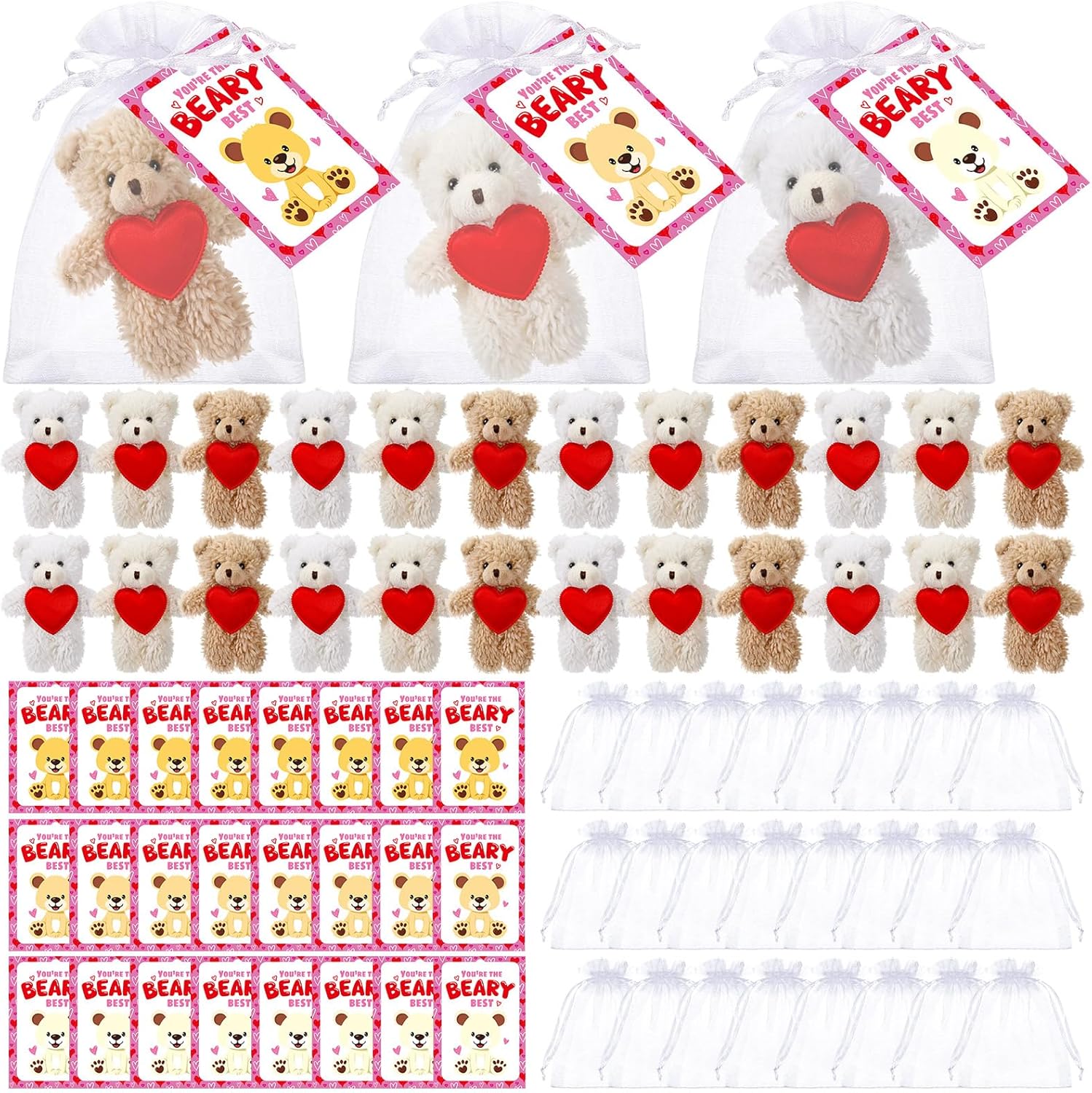 Jenaai 24 Set Valentine‘s Day Mini Teddy Bear Gift Bulk 5.1 Inch Valentines Day Stuffed Animals Plush Toys Small Cute Bear with Greeting Cards and Organza Bag for Girlfriend Birthday Party(Heart)