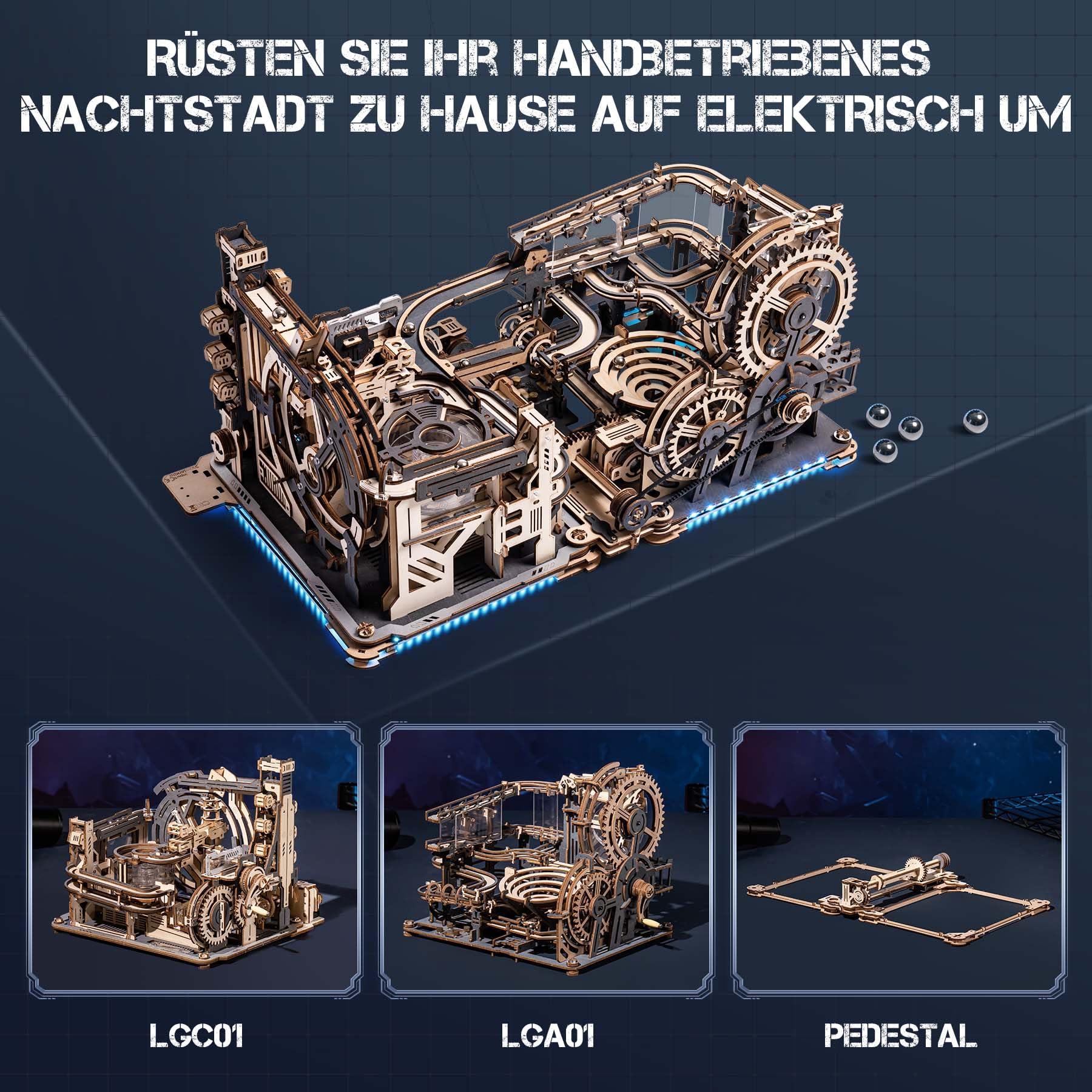 ROBOTIME LGX02 3-in-1 Holz-Murmelbahn für Erwachsene, Night City & Spaceport