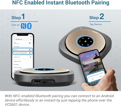 VTech VCS601-2 Bluetooth Conference Speakerphone - 360 Premium Voice Pickup with 6 Microphones, Smart NFC Connect, 24H Call Time with HD Audio, Reverse Charging USB C, Voice Assistant, Home Office