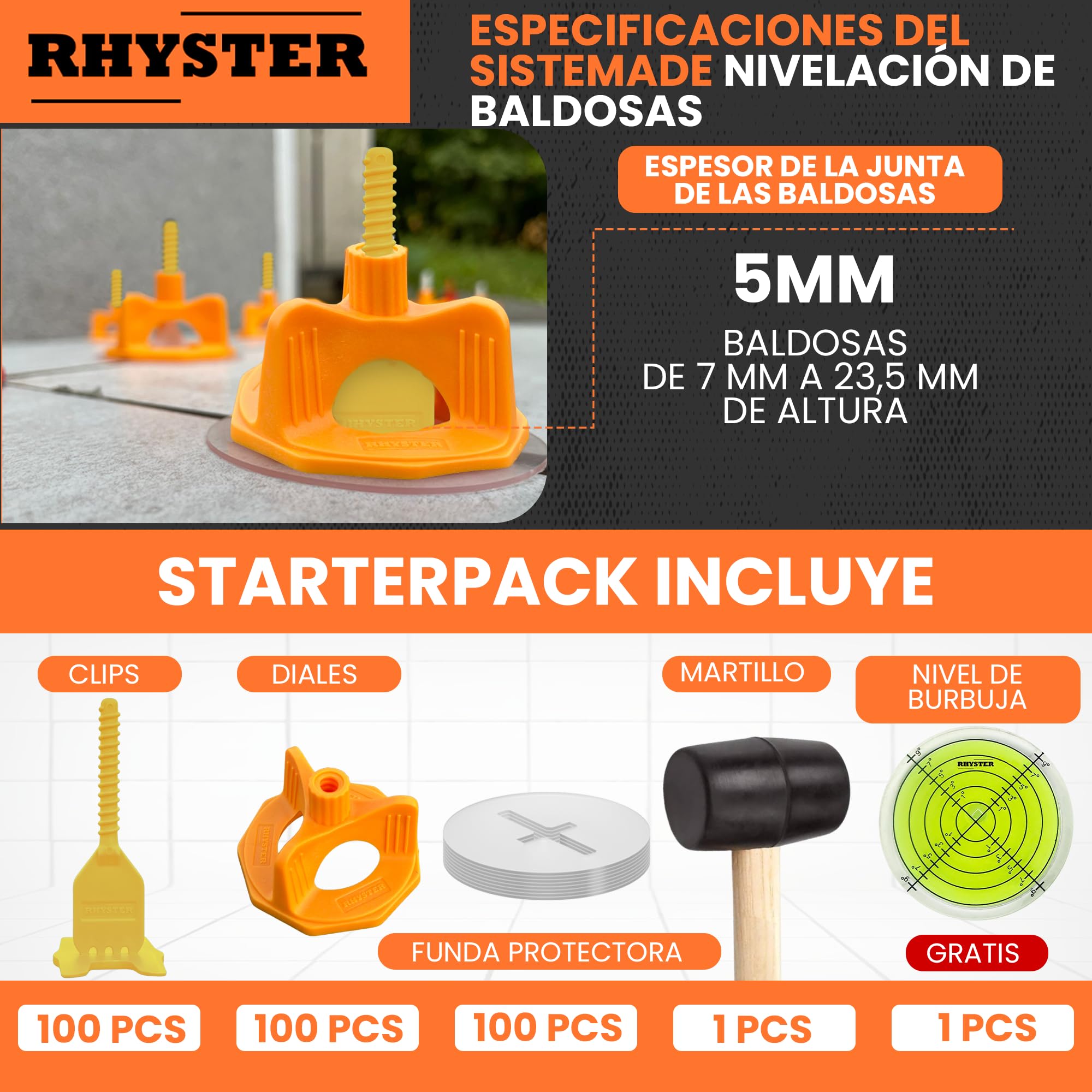 Kit de crucetas autonivelantes de 5 mm – Starter Pack - 302 Unidades | 100 Clips + 100 cuadrantes + 100 Protecciones + mazo + Nivel de Burbuja Incluido | Colocación fácil y precisa
