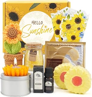 Geschenkset für Frauen – 8tlg mit Duftkerze, Duftöl & Badebomben | Inkl. Badesalz, Sonnenblumen-Deko, Augenmasken & Grußkarte