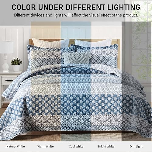 Vista 26 de KALOOLA Colchas florales tamaño Queen – 100% algodón, suave, ligero, juego de ropa de cama acolchado de 3 piezas, colcha de patrón botánico