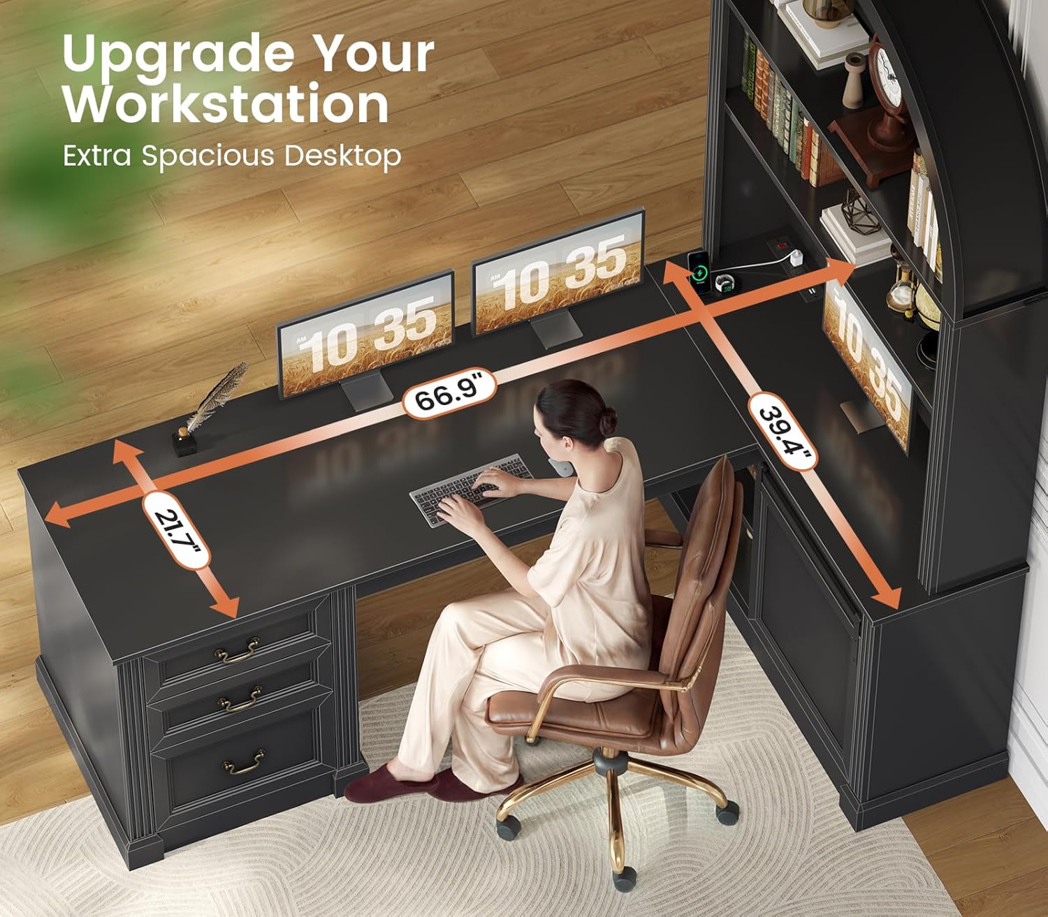 SEDETA 67" L Shaped Desk with Tall Arched Bookshelf, Mid-Century Office Computer Desk with 3 Drawers and Storage Shelves, Corner Executive Desk with Sliding Barn Door for Home Office, Black