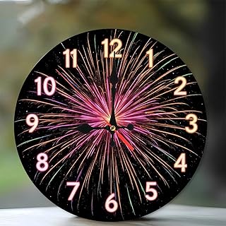 Lancholy Christmas 10-inch Silent Wooden Wall Clock, Clock-Face-with-Fireworks-Explosion ” Silent Non-Ticking Clock, Battery Operated (AA Batteries Not Included), Artistic Home Decor