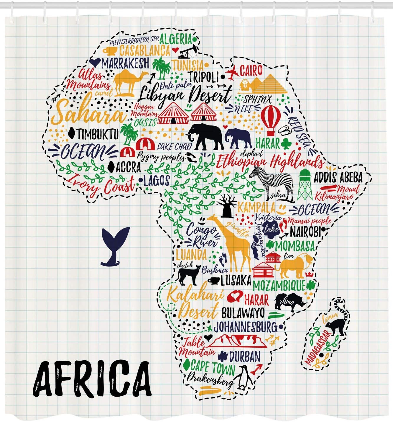 Ambesonne Saying Shower Curtain, Colorful Lettering of Countries in Continent with Animals Art Print, Cloth Fabric Bathroom Decor Set with Hooks, 69" W x 75" L, Ivory Multicolor