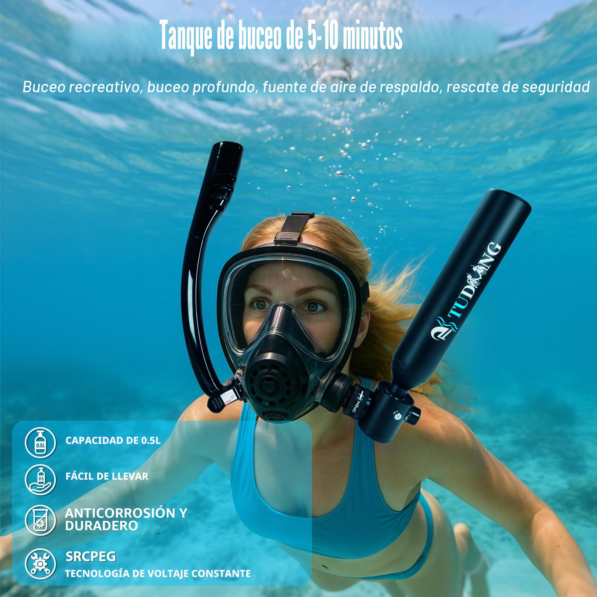 TUDIVING-Juego de Tanque de Buceo de 0,5 L, minicilindro de oxígeno con máscara de Snorkel de Cara Completa, Kit de Buceo de Viaje portátil for Viajes Nadar Rescate