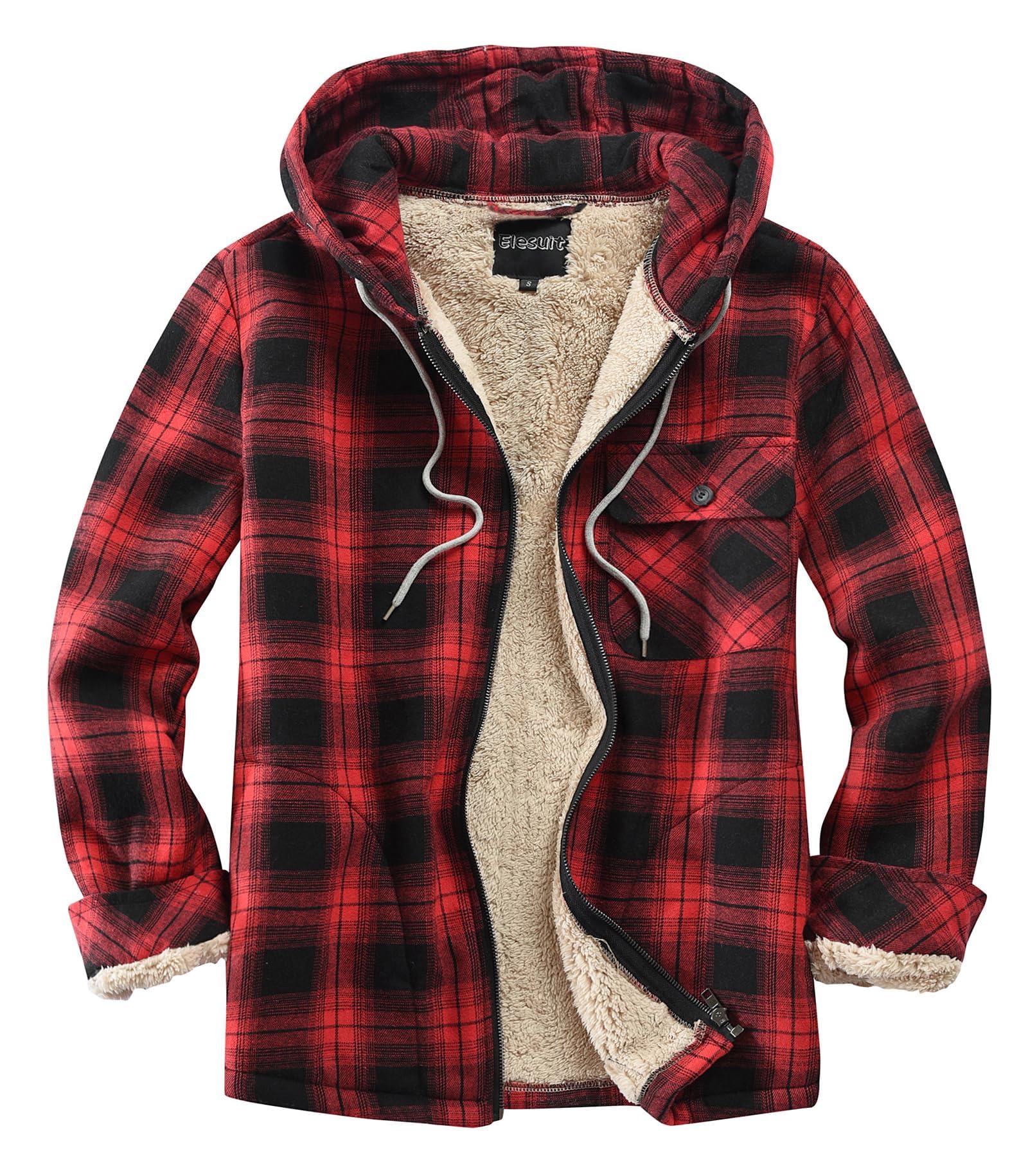 Men's Full Zip Fleece Flannel Jacket Shirt Plaid Cotton Hoodie Coat