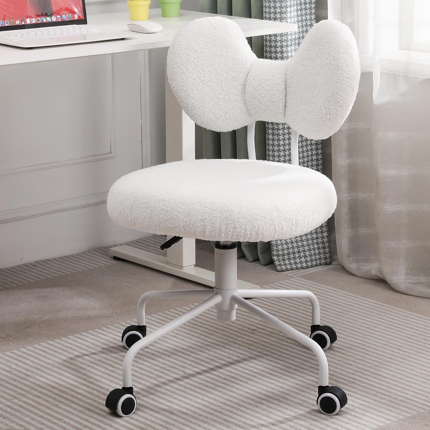 Cute Desk Chair with Back,Comfy Small Office Chair with Wheels, Armless Adjustable Rolling Swivel Computer Chair for Home Office,Make-up Room,Bedroom,Vanity Chair for Girls,Teddy Velve (White)
