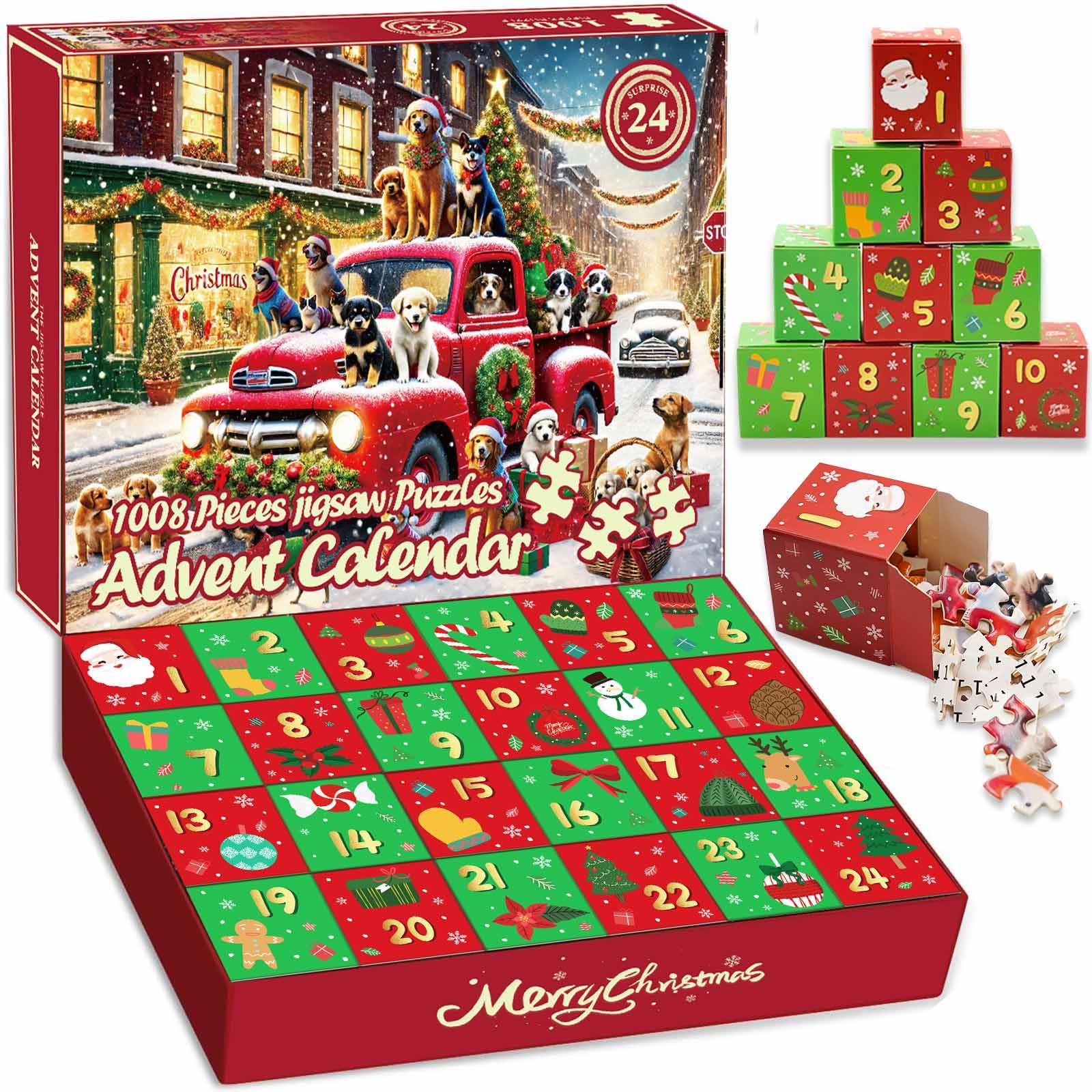 Advent Calendar 2024 Christmas Jigsaw Puzzles - Christmas Dogs 1008 Pieces Christmas Puzzles for Kids and Adults, 24 Boxes Advent Calendars Countdown to Christmas Puzzle Gift