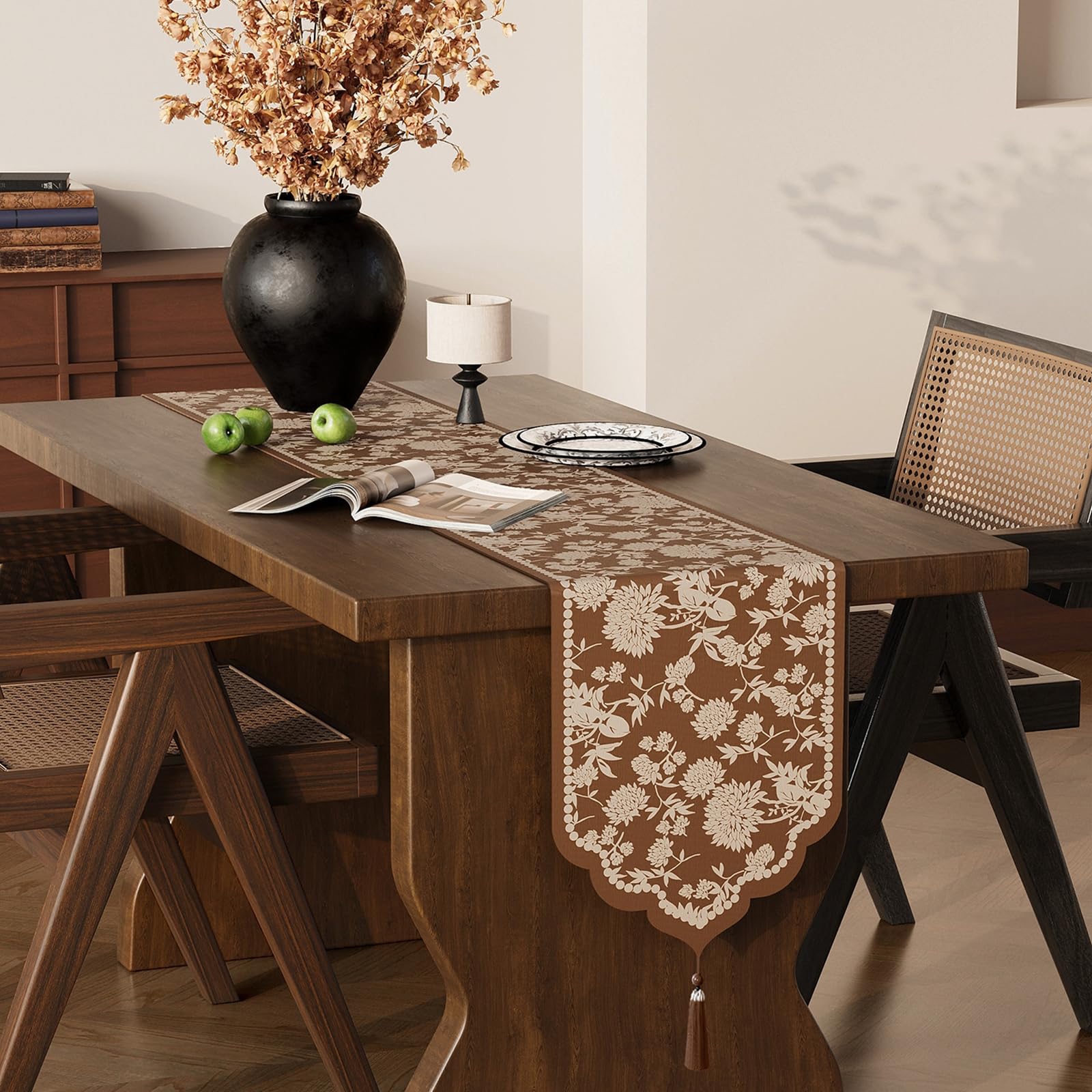 Braun Tischläufer Leinen Polyester, Dekostoff Tischläufer Abwaschbar Tischband Vintage Blume Zweige Muster mit Quasten Tischdecke für Küche Esszimmer Hotels Dekor, 35x220 cm, Braun