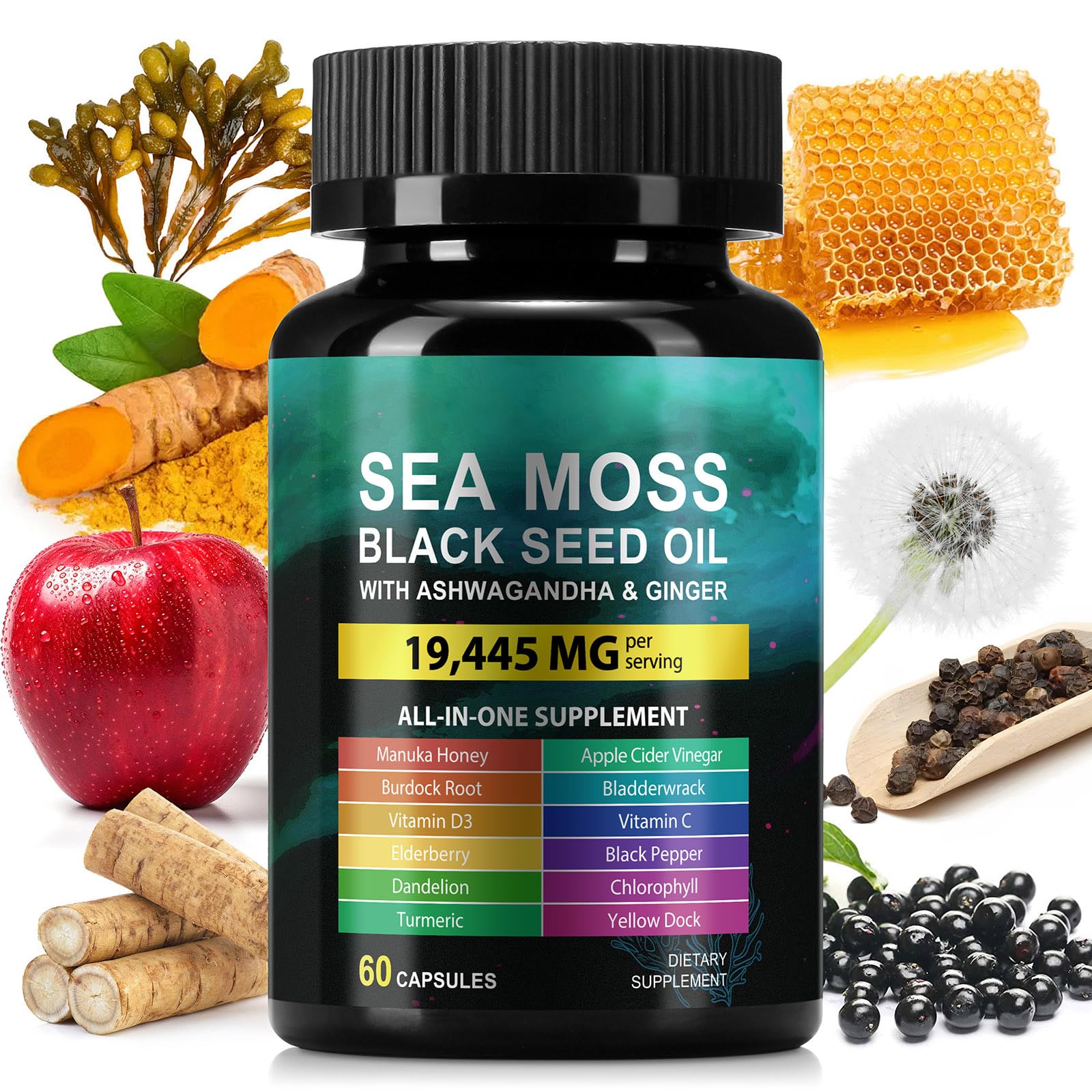 Sea Moss 3000mg Black Seed Oil Capsules 2000mg Ashwagandha Supplements 1000mg Bladderwrack Turmeric Burdock & Vitamin C & D3 Manuk Honey Dandelion Yellow Dock Chlorophyll ACV