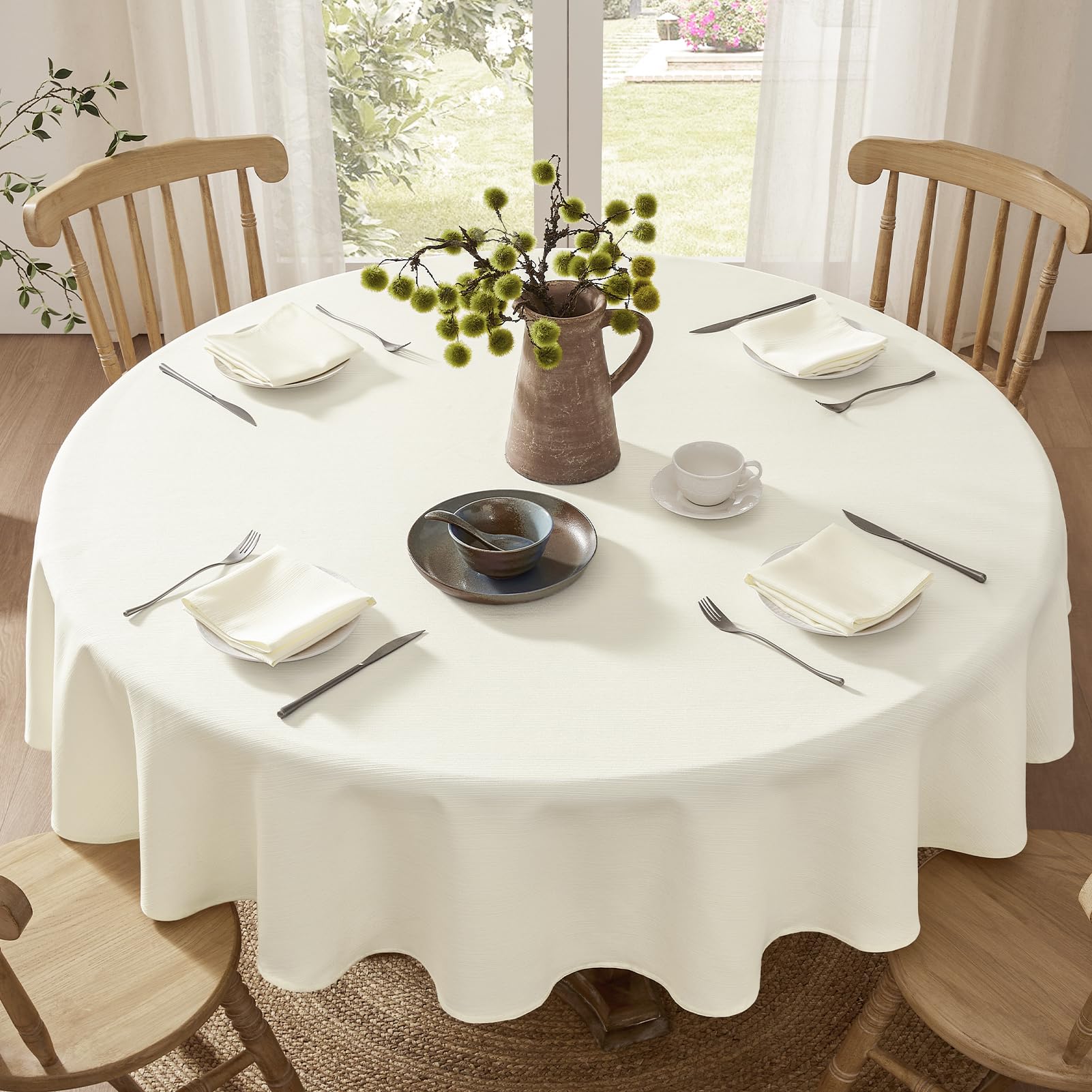 Softalker Mantel Redondo 140 cm Antimanchas Beige Mesa Impermeable Elegante Manteles mesas Redondas Textura Lino para cumpleaños Jardin Exterior Picnic Comedor Concina,Terraza,Otoño,Invierno,Navidad