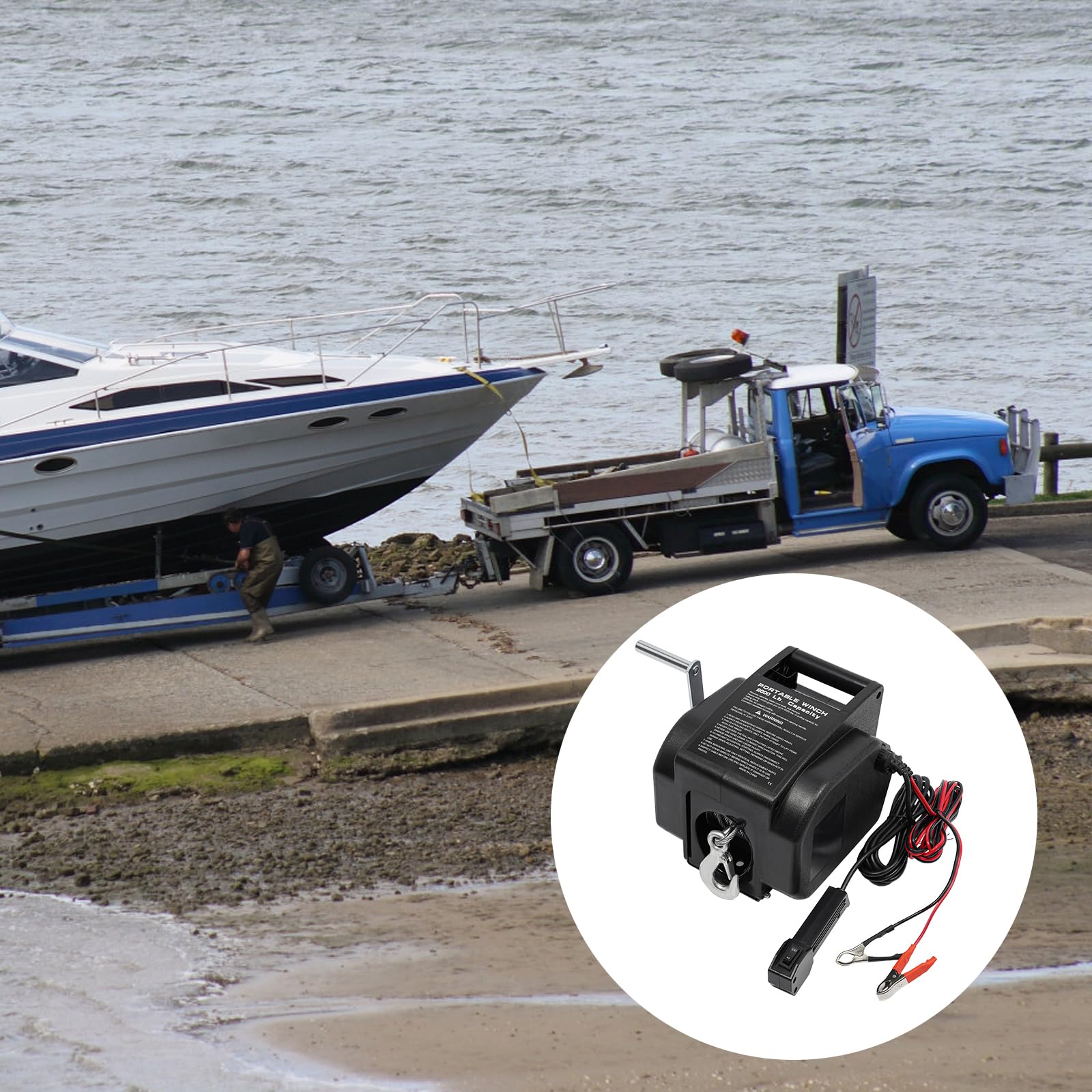 BANLICALI Electric Boat Winch, 2000 LBS Trailer Winch with Wired Remote Control and ?0.19in x 30.18ft Anchor Rope, 300W Windlass Anchor System for 5000Lbs Weight Boat Yachts Black, 1.83m/6ft/min