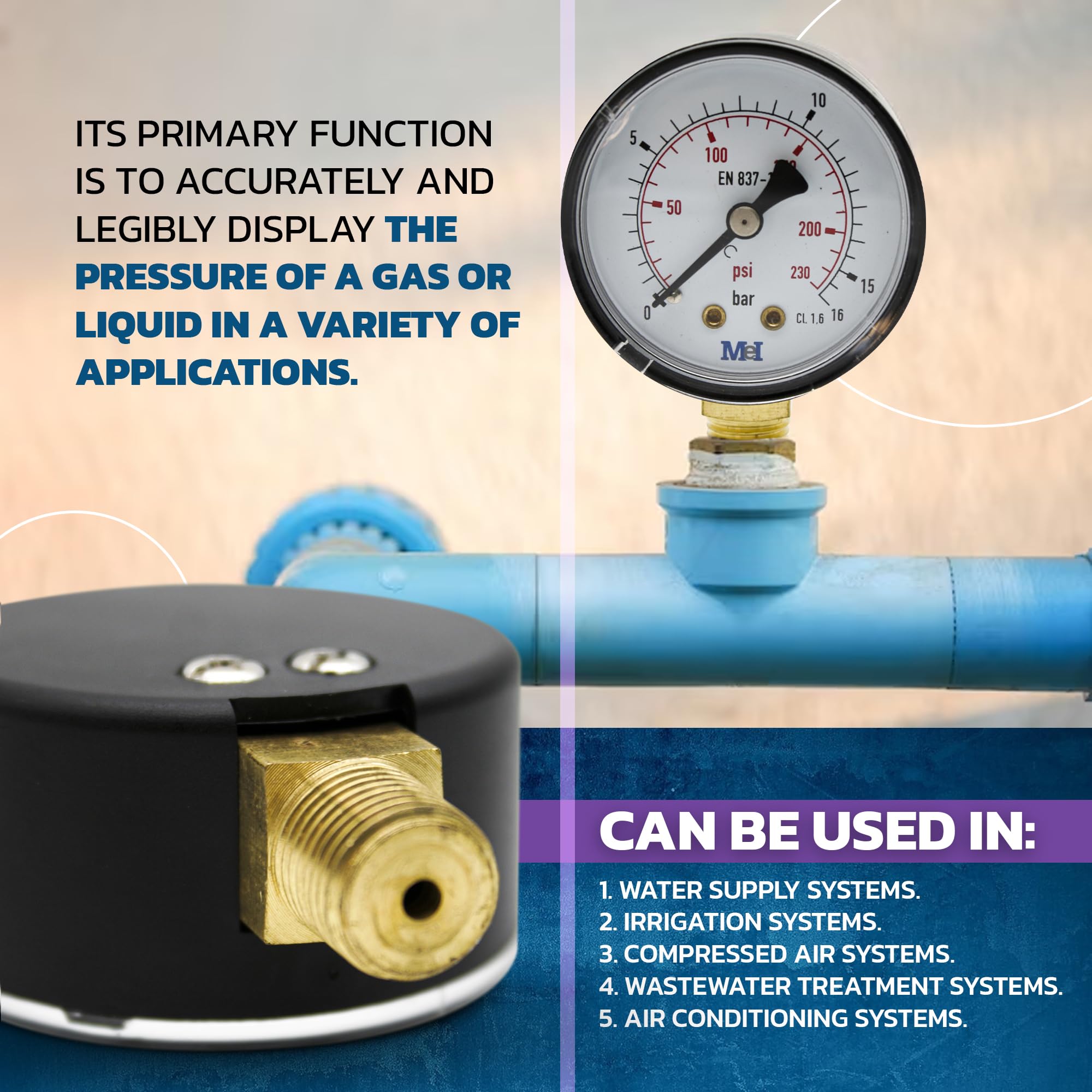 Manometro Pressione Acqua DOJA Barcelona 0-10 Bar - Per Impianti Idraulici, Caldaie E Sistemi Acqua Potabile