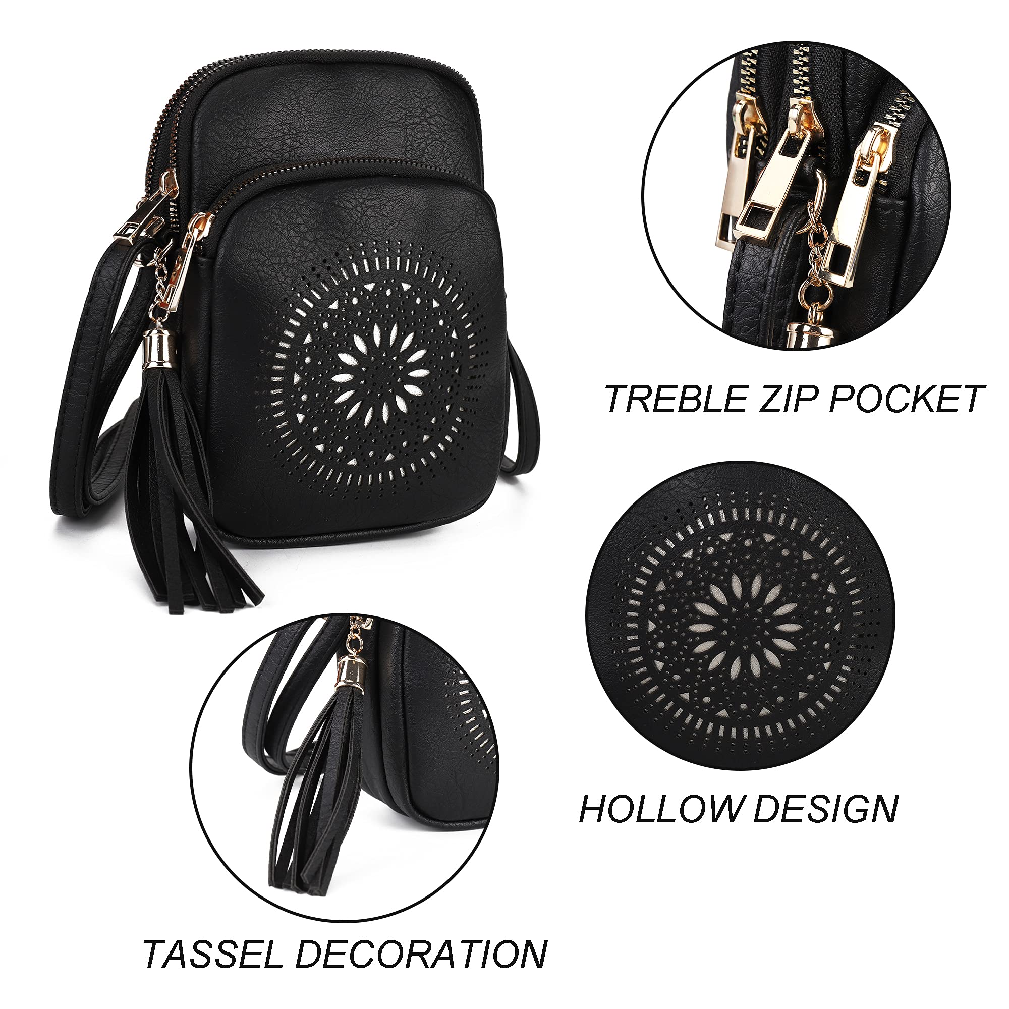 GLITZALL Borsa a tracolla, piccola borsa a tracolla con tasche multiple, borsa a tracolla con nappa, scavata, borse per cellulare da donna, alla moda, Nero