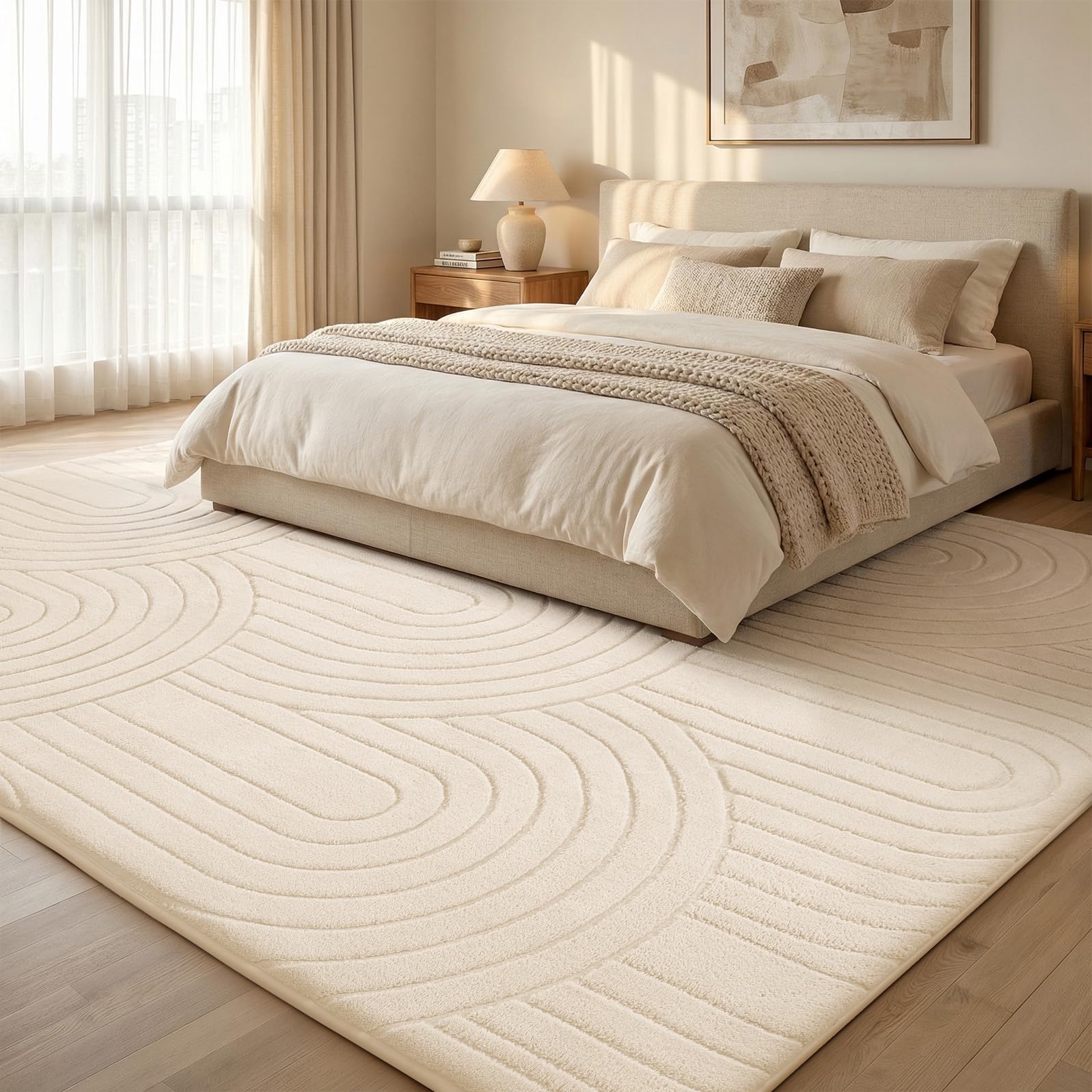 Treeboy Kurzflor Teppich Wohnzimmer, Teppich Groß 200 x 300 cm, 3D Halbkreismuster Carpet Beige Waschbarer Teppiche Schlafzimmer Flauschige Rugs, Teppiche Gegend Mit Rutschmatte