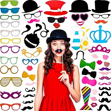 Gejoy 60 Pcs Photo Booth Props DIY Kit Funny Selfie Props Accessories for Grad Wedding Prom Party Supplies Favors with Mustache on a Stick, Hats, Glasses, Mouth, Bowler, BowtiesClassic