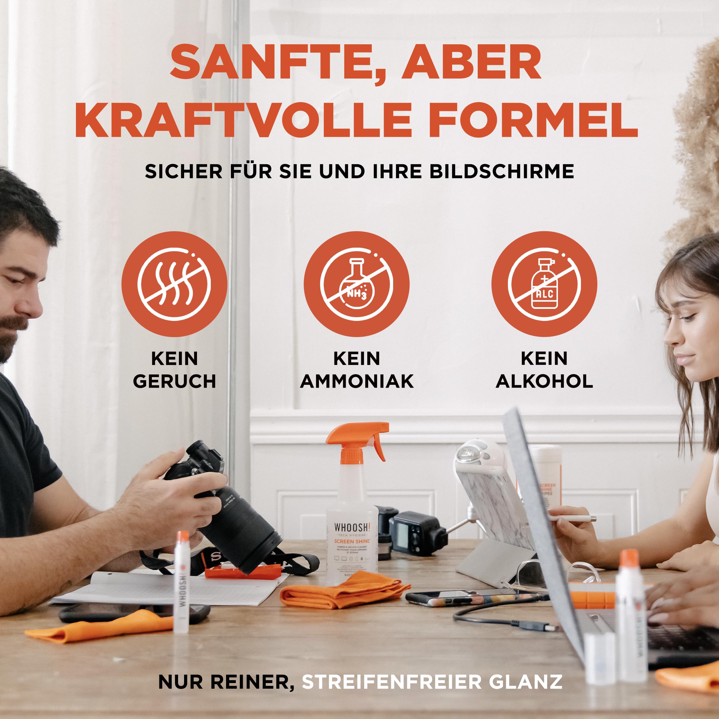 WHOOSH! Großes Bildschirmreiniger-Spray und Wischtuch - Kit, 500ml + 1 Mikrofaserreinigungstuch - Für TV, Laptop, MacBook, iPad, Telefon, Kamera, Touchscreen - Industrie-Größe Elektronikreinigungsset | Screen Cleaner-Set – TV, Laptop, iPad & Touchscreen –