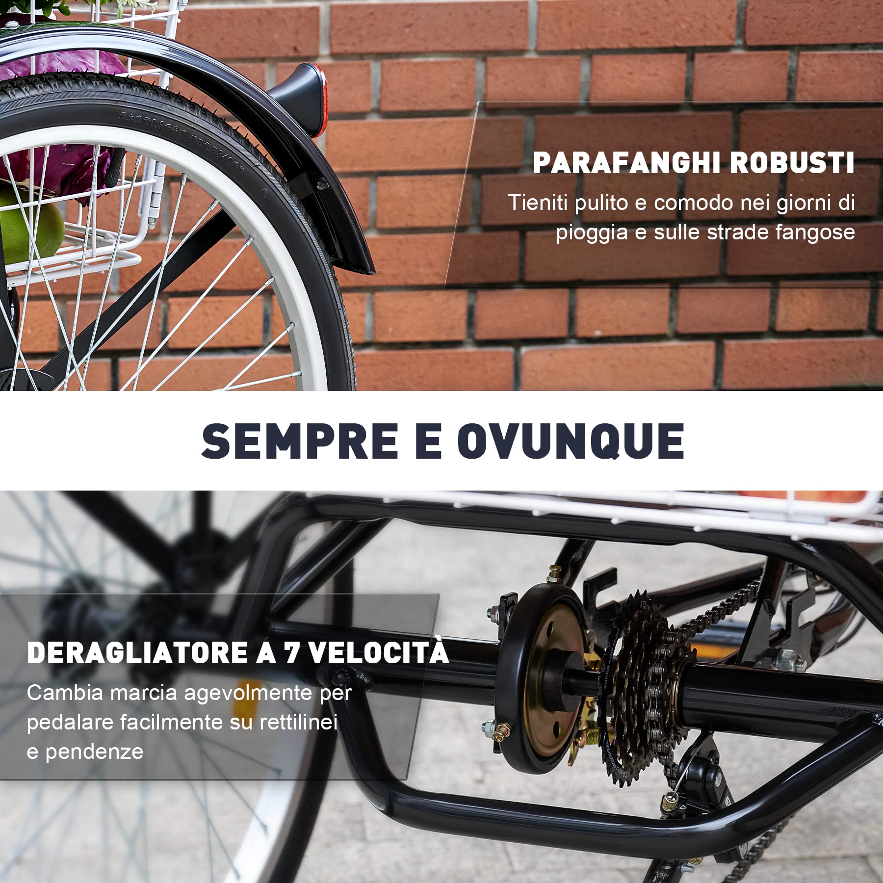 Triciclo Adulti Viribus 24 Pollici | 7 Velocit&agrave; | Cestino Posteriore | Gomma Antiscivolo